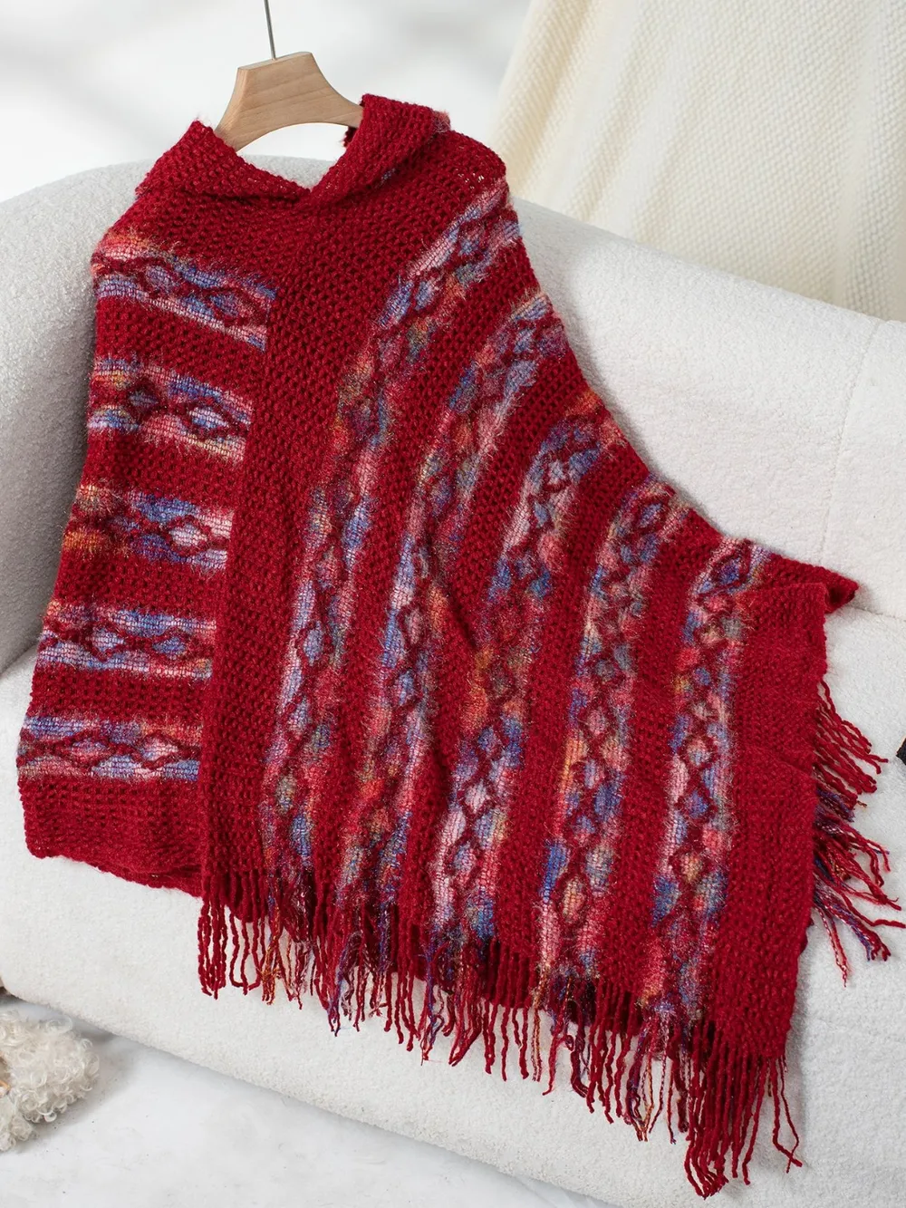 Fringe Contrast Hooded Poncho, image 4