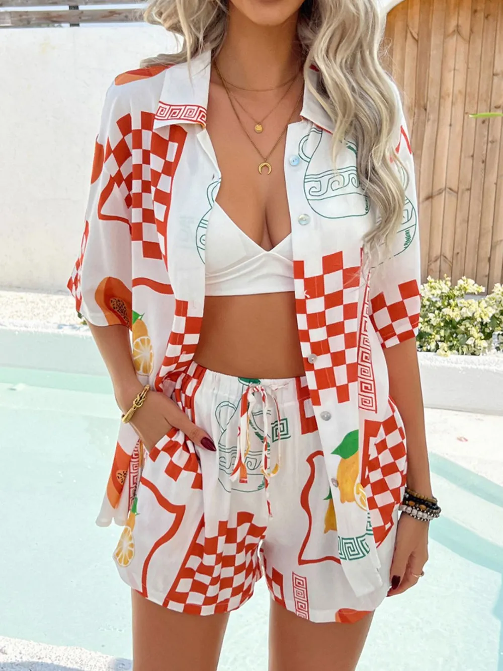 Printed Collared Neck Half Sleeve Top and Shorts Set, image 17