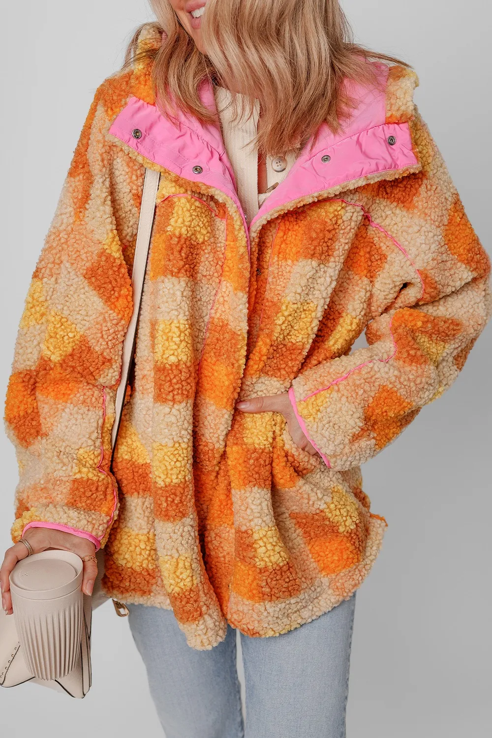 Checkered Long Sleeve Sherpa Hooded Jacket, image 4