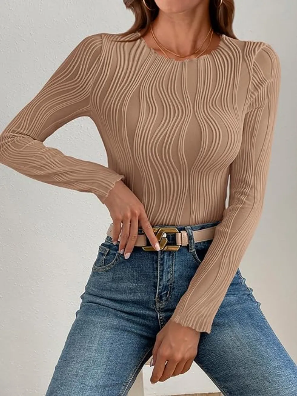 Textured Round Neck Long Sleeve Top, image 5