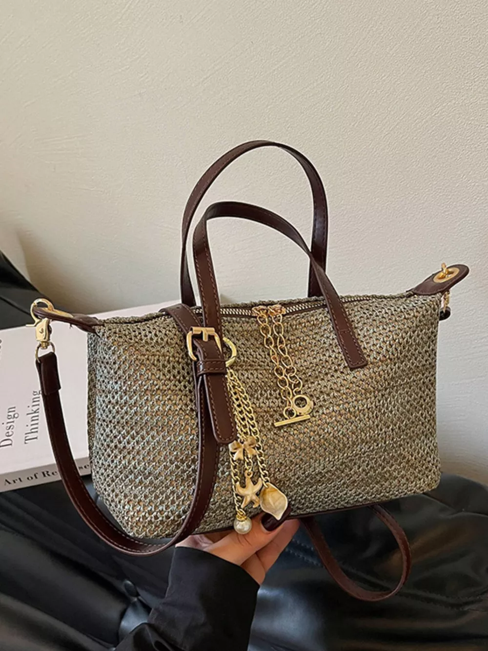 Woven Crossbody Bag with Gold Chain Accents, image 3