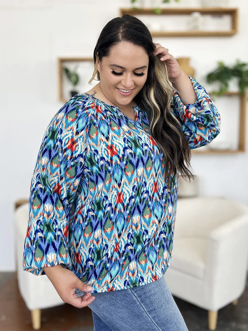 Full Size Printed Balloon Sleeve Blouse, image 6