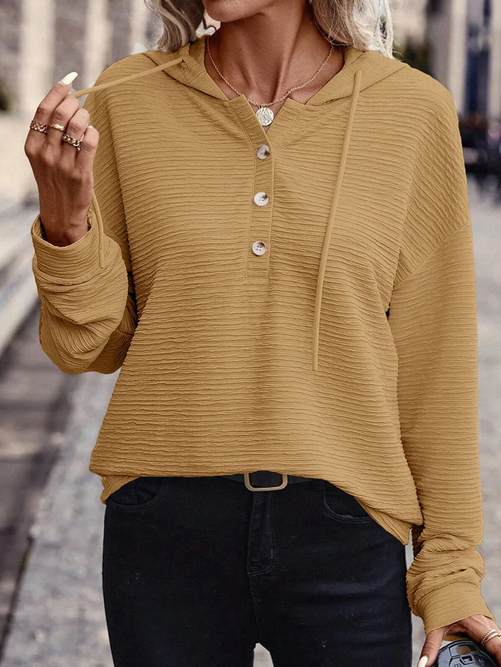 Drawstring Quarter Button Long Sleeve Hoodie, image 16