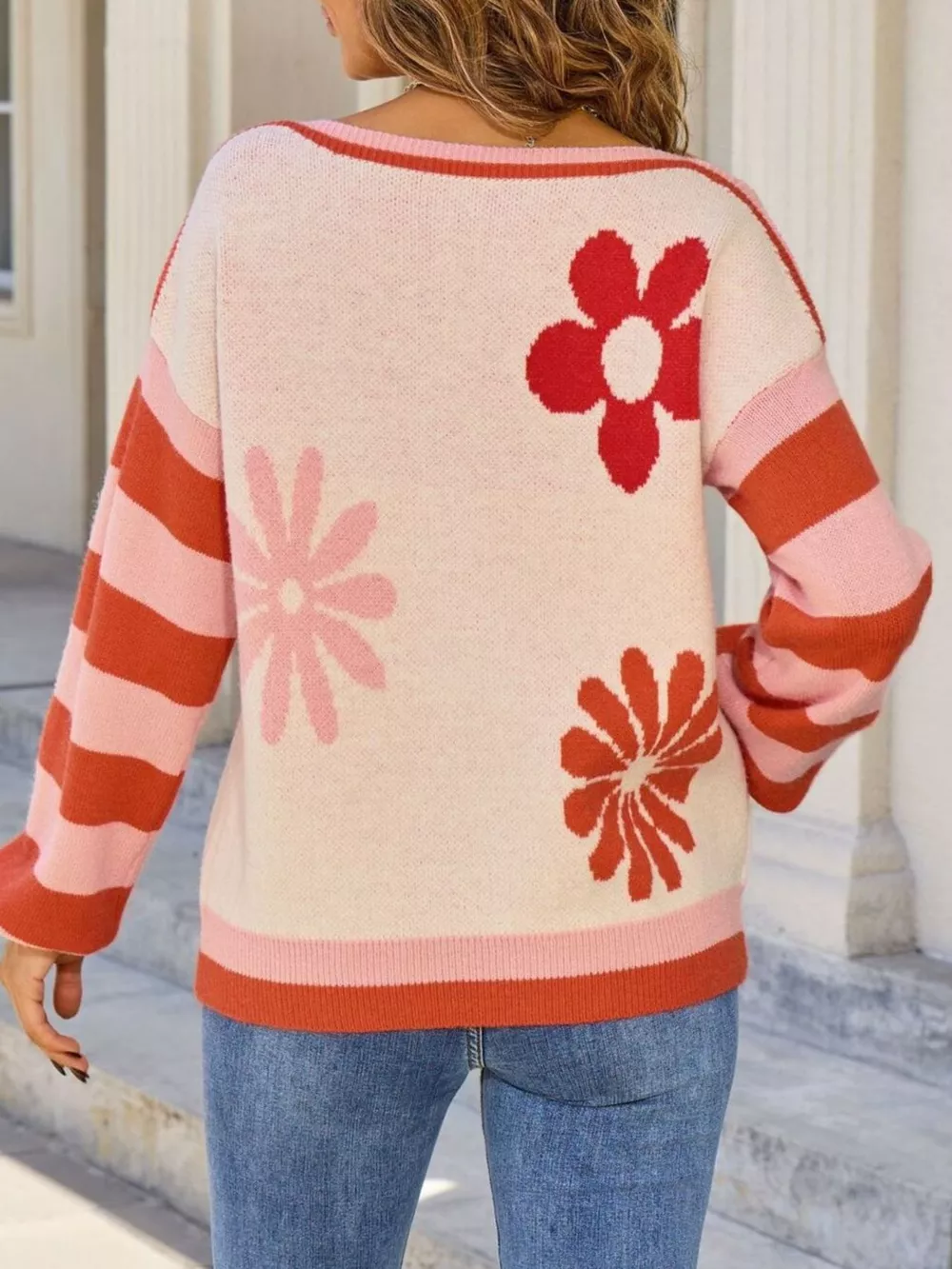 Floral Striped Sleeve Round Neck Sweater, image 7