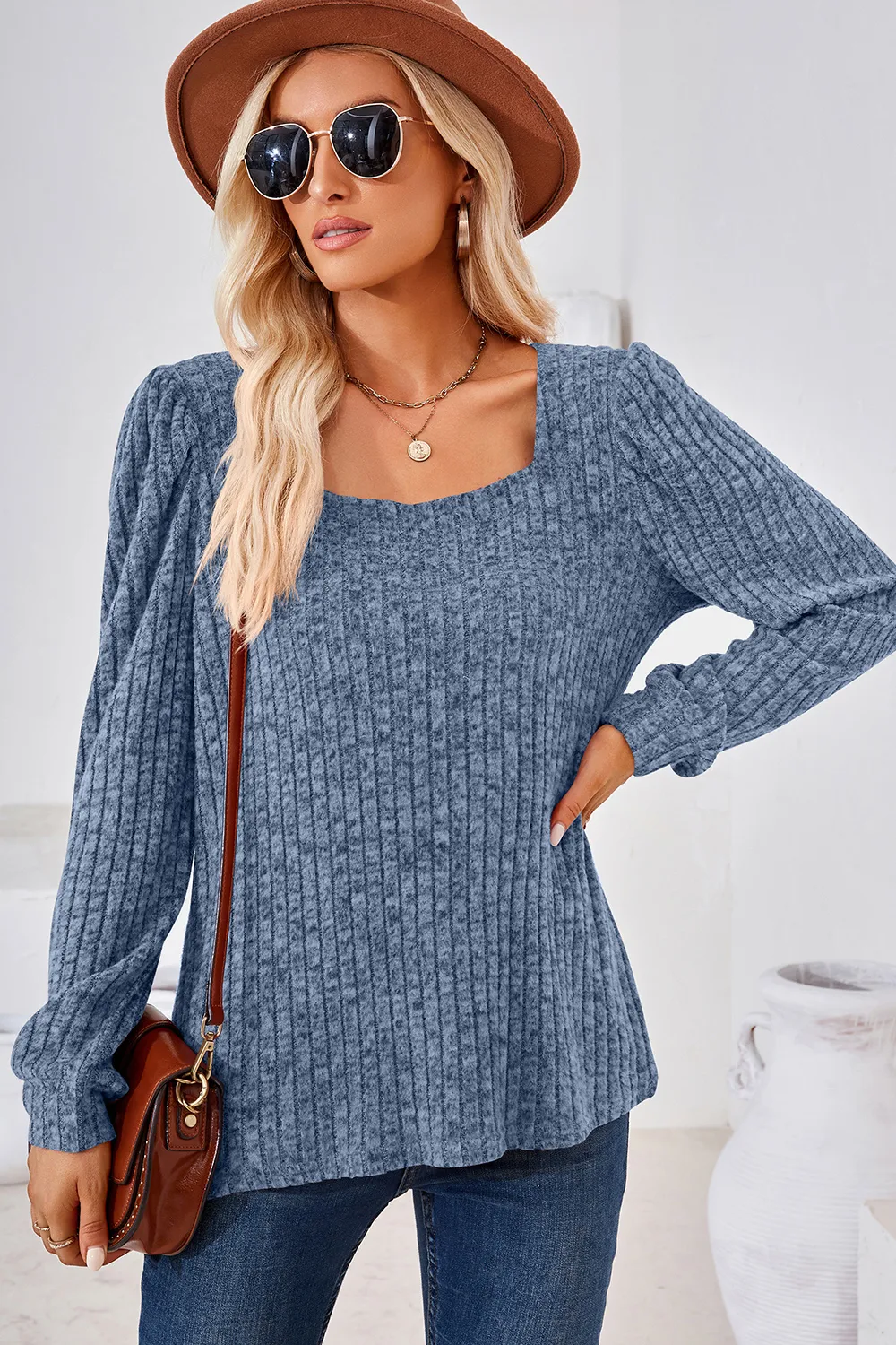 Ribbed Square Neck Long Sleeve T-Shirt, image 9