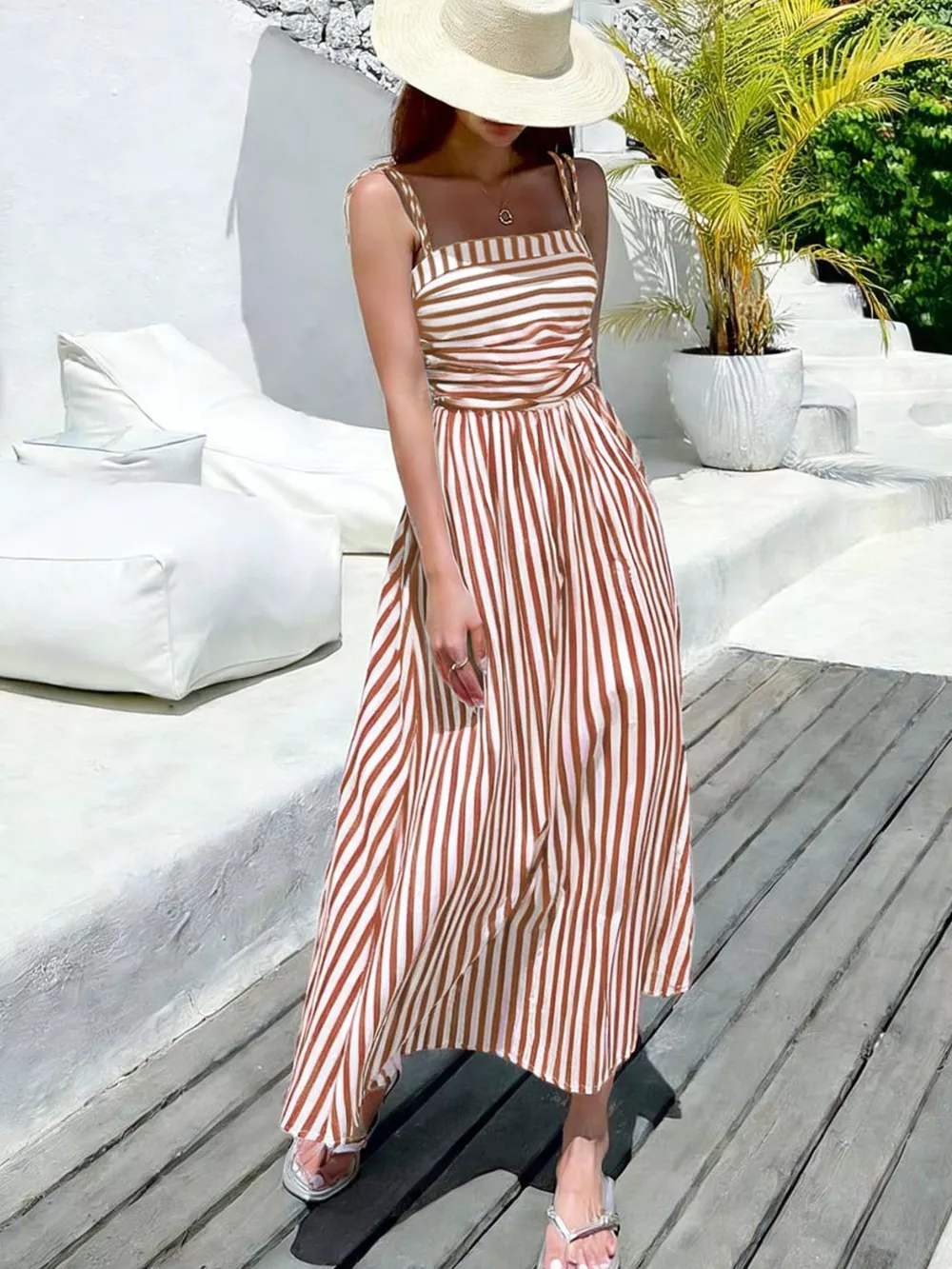 Striped Spaghetti Strap Casual Maxi Dress, image 3