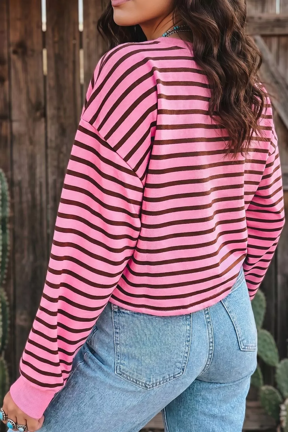 Stripe V Neck Drop Shoulder Long Sleeve Top, image 7