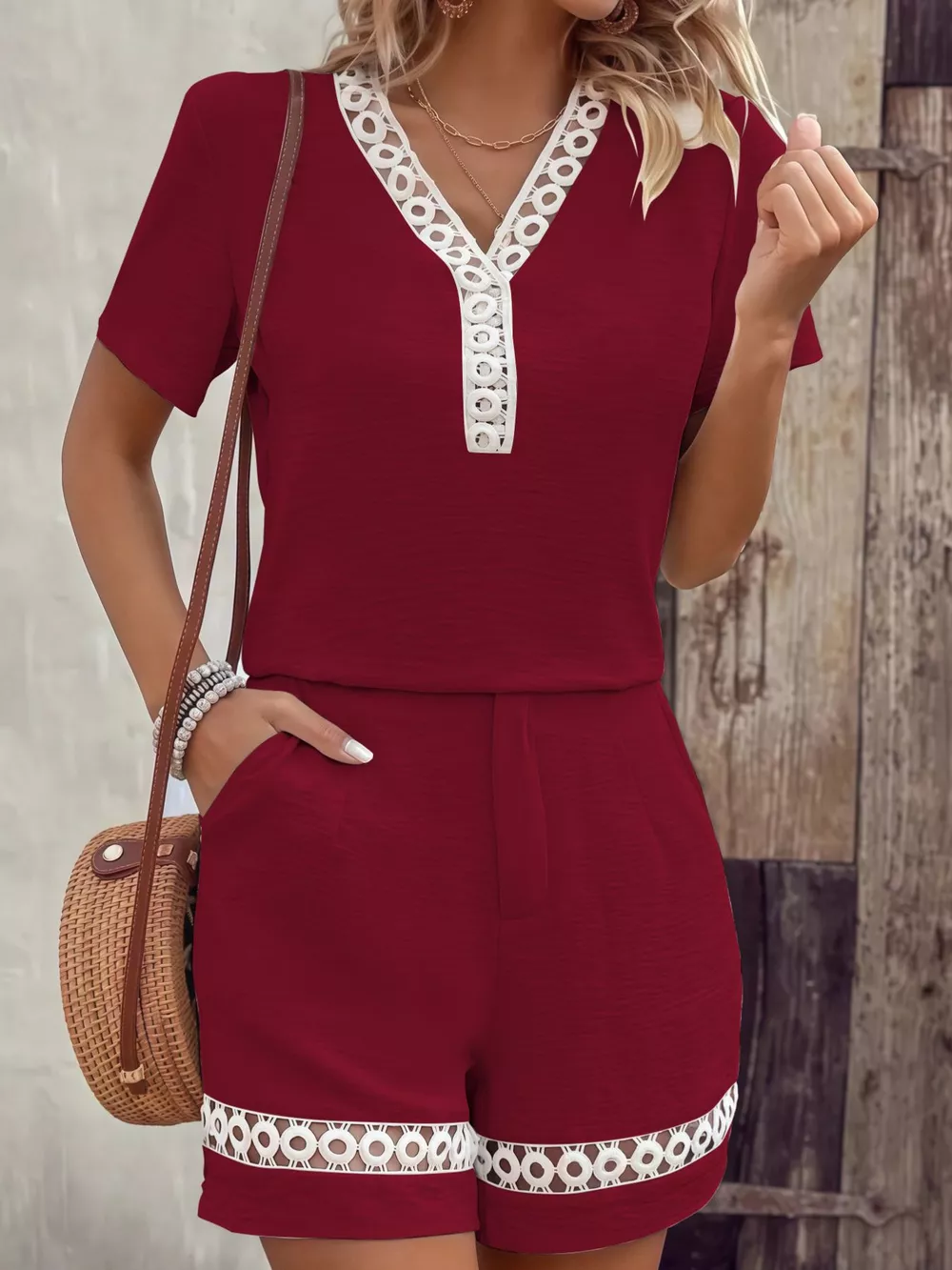 Lace Trim Short Sleeve Top and Shorts Set, image 16