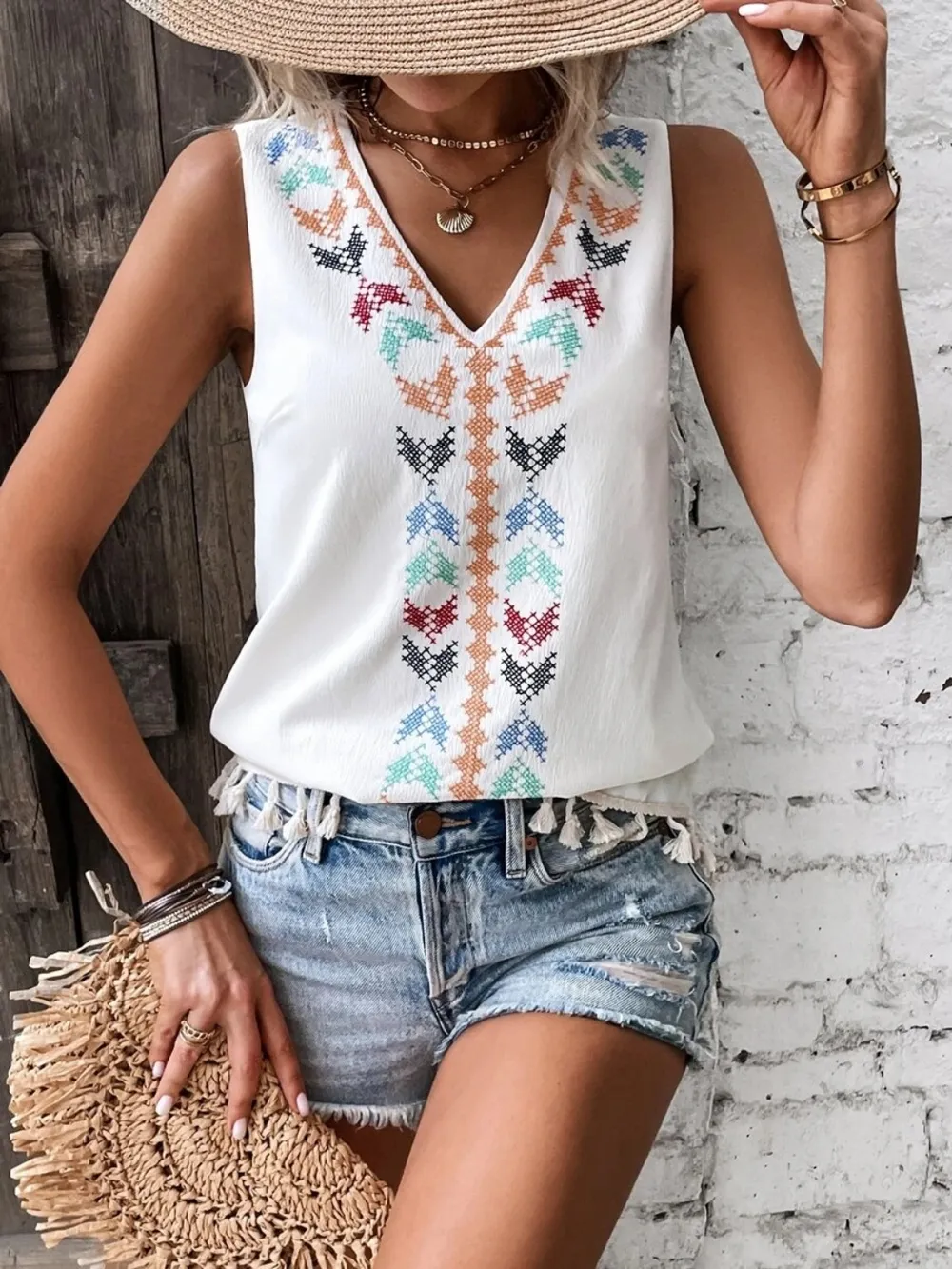 Tassel Printed V-Neck Tank, image 3