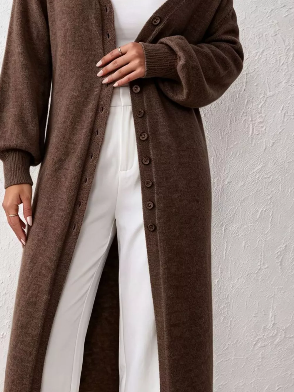 Elegant Longline Button-Front Cardigan with Lantern Sleeves, image 13