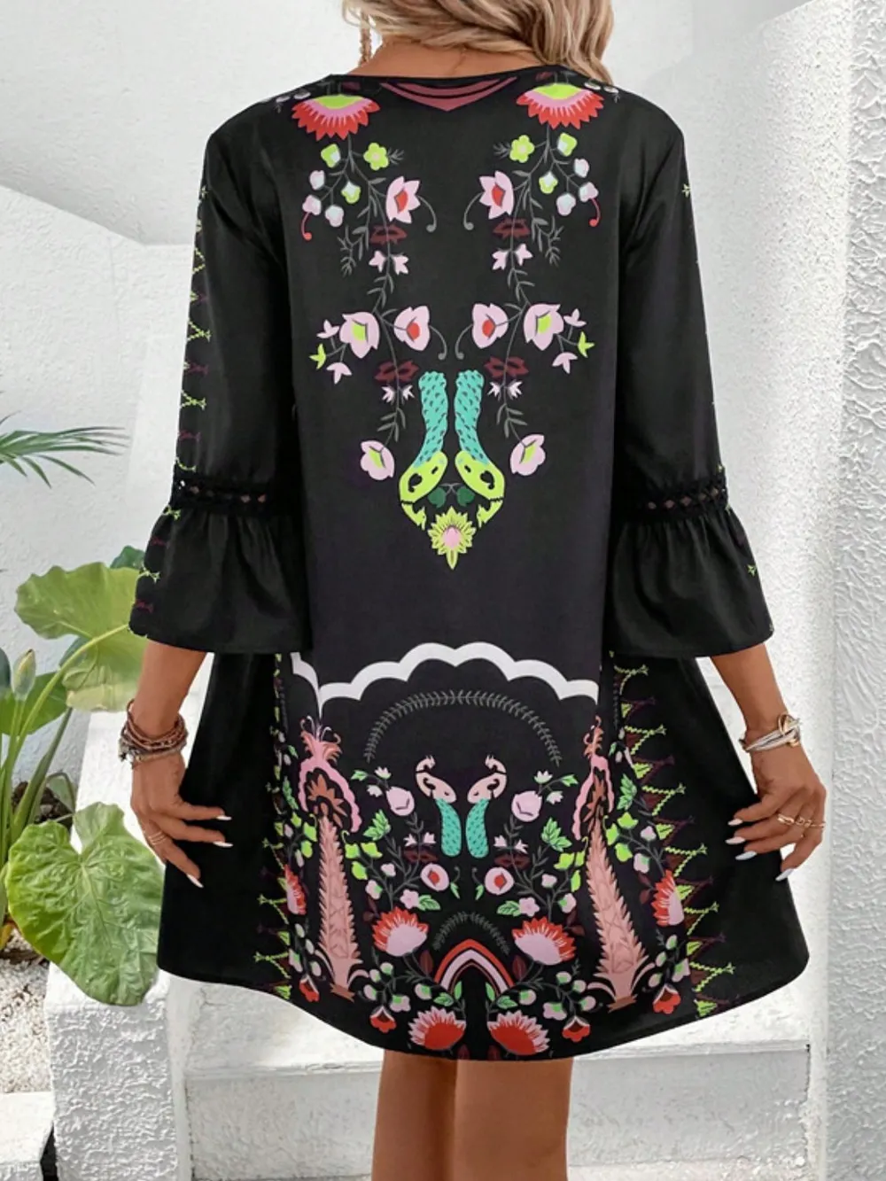 Lace Detail Printed Three-Quarter Sleeve Dress, image 3
