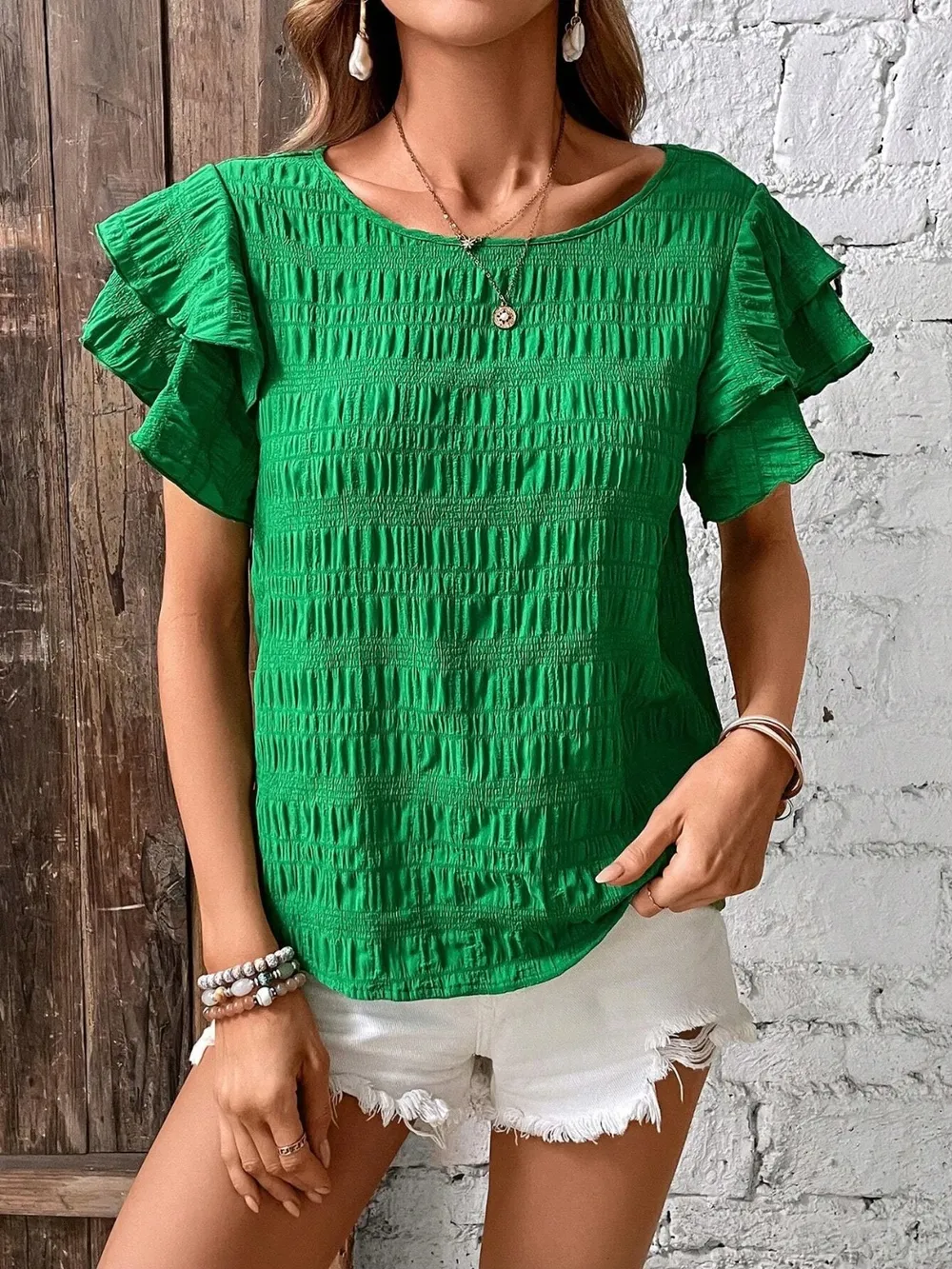Round Neck Flounce Sleeve Blouse, image 7