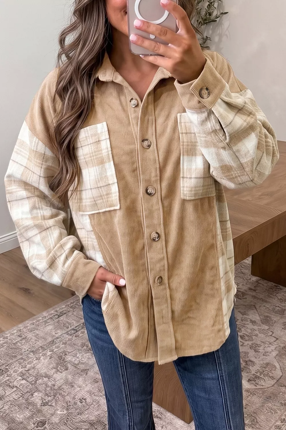 Plaid Colorblock Shirt Collar Shift Shacket, image 3