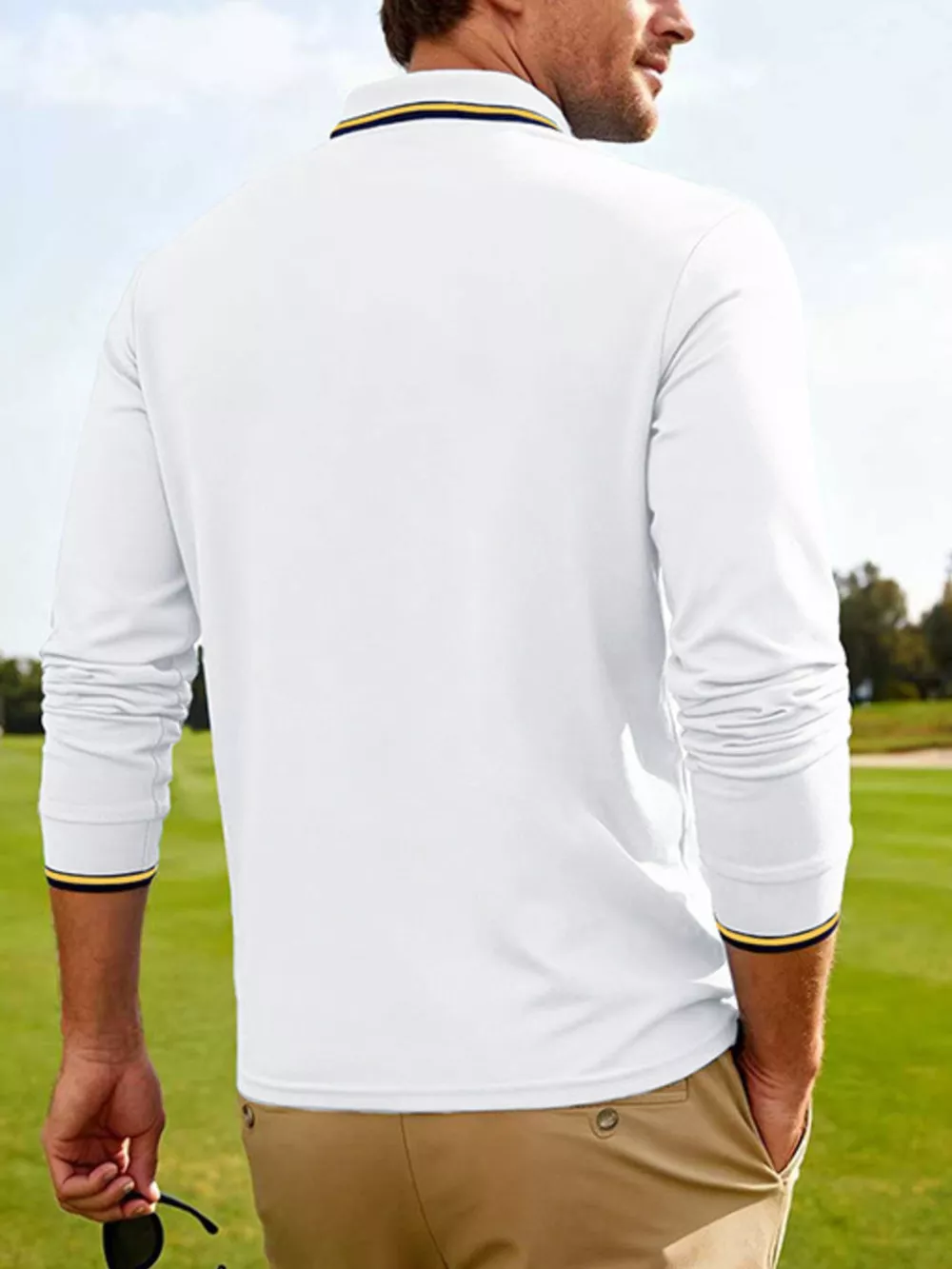 Men's Full Size Classic Long-Sleeve Polo with Striped Collar Plus Size, image 15