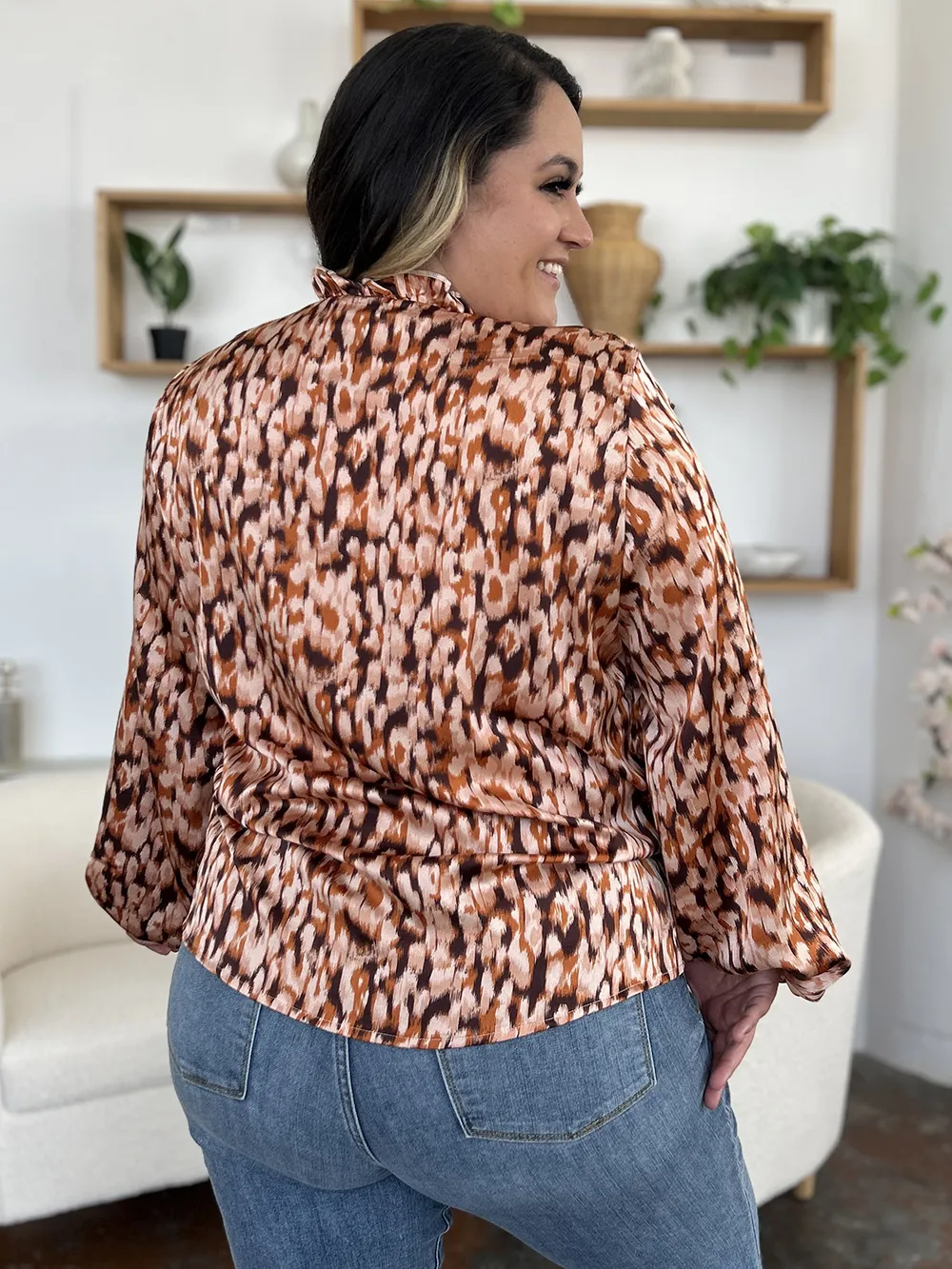 Full Size Printed Ruffle Trim Balloon Sleeve Shirt, image 8