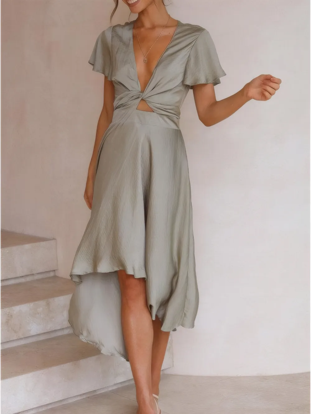 High-Low Plunge Flutter Sleeve Dress, image 3