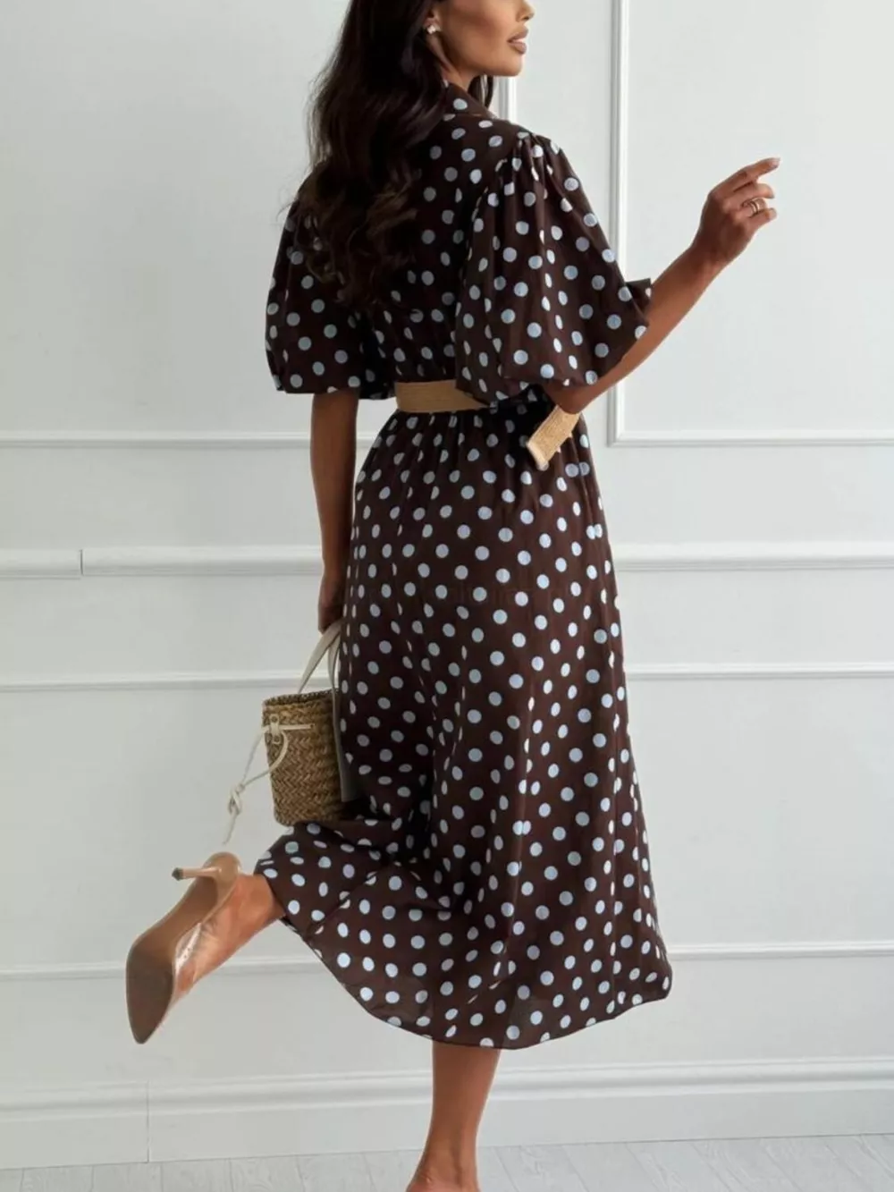 Polka Dot Puff Sleeve Midi Dress, image 3