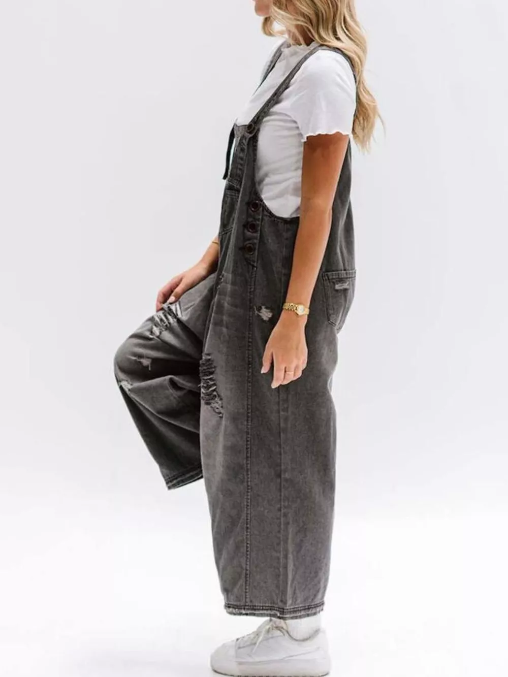 Distressed Wide Leg Denim Overalls, image 5