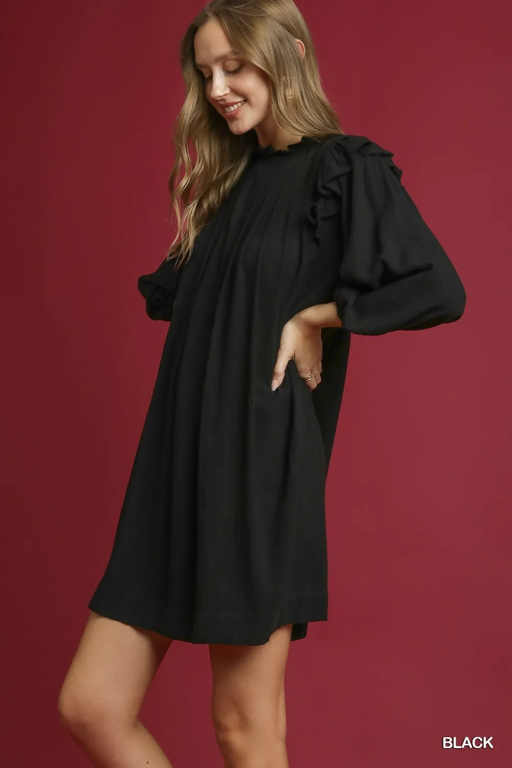 Linen Ruffle Shoulder Pleated Babydoll Dress, image 2