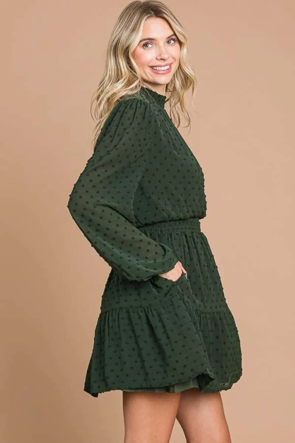 Swiss Dot Smock Neck Mini Dress with Pockets, image 3