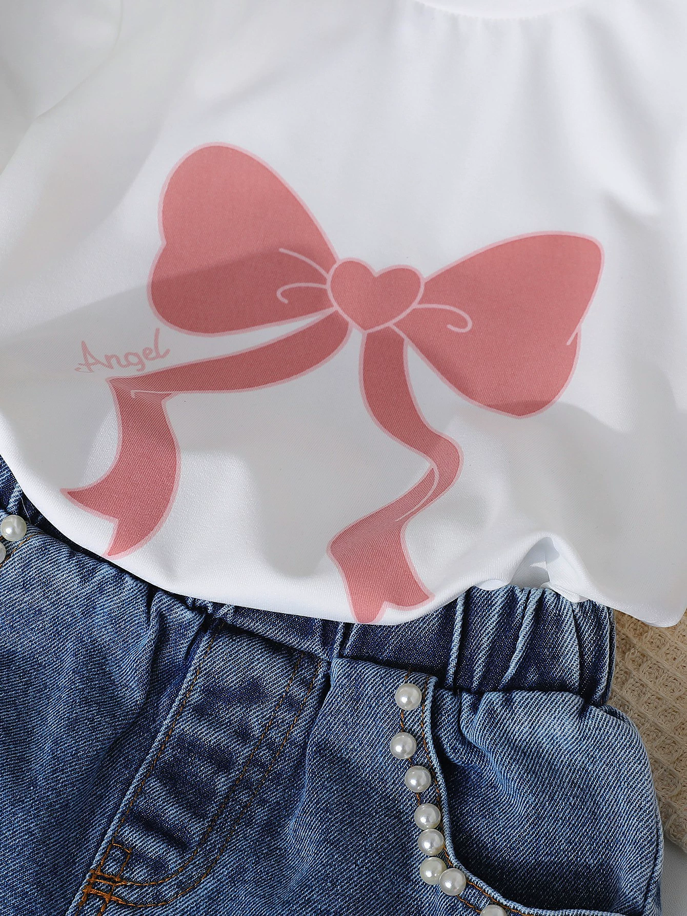 Children's Bowknot T-shirt and Denim Shorts Set, image 4