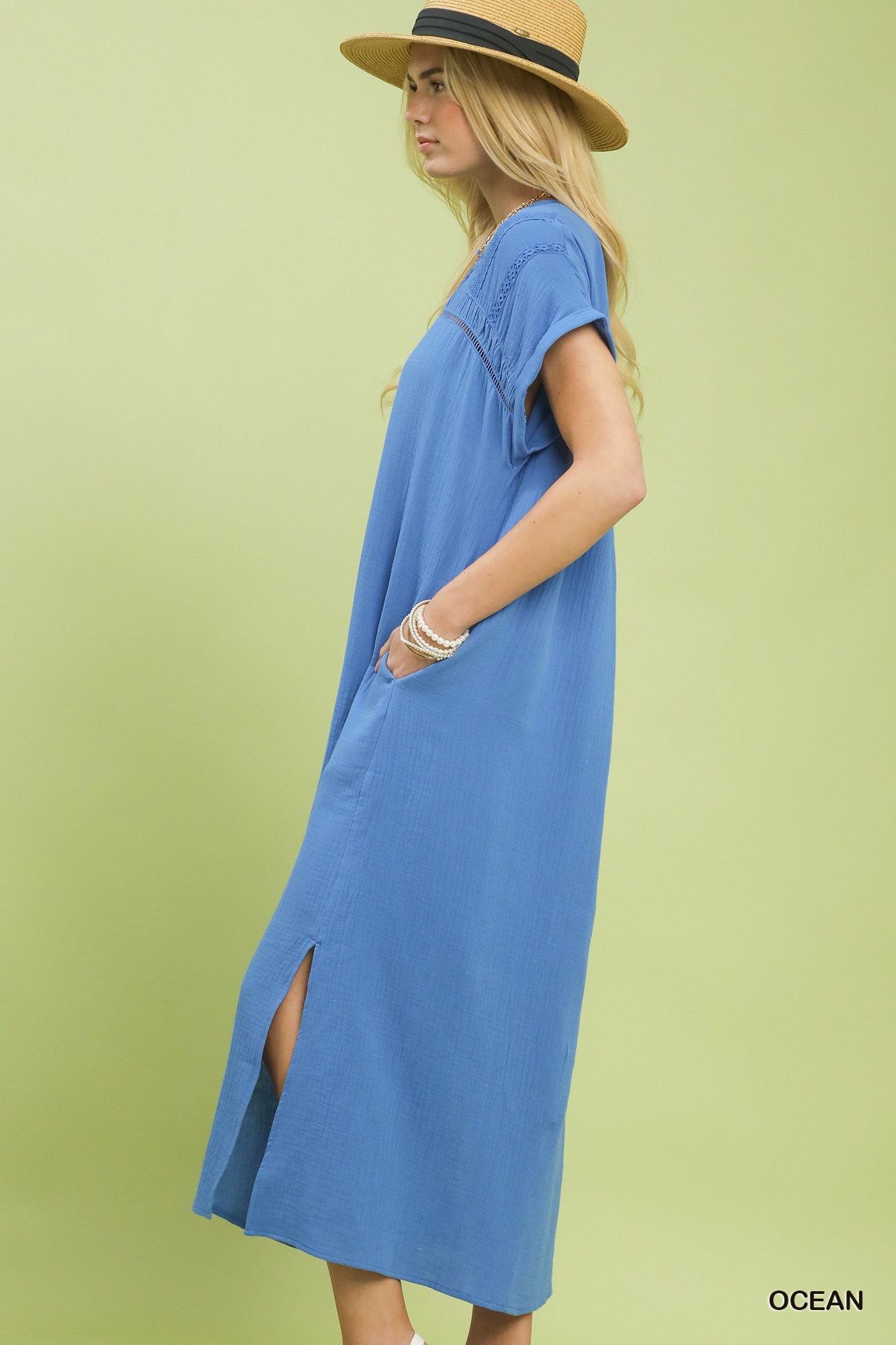 Button-Front Gauze Midi Dress with Lace Detail, image 3