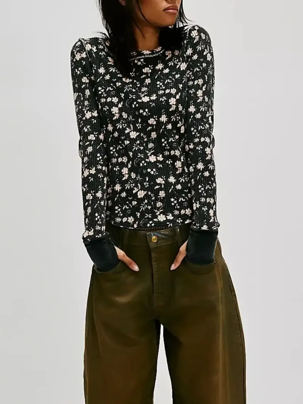 Floral Print Waffle Knit Top, image 3