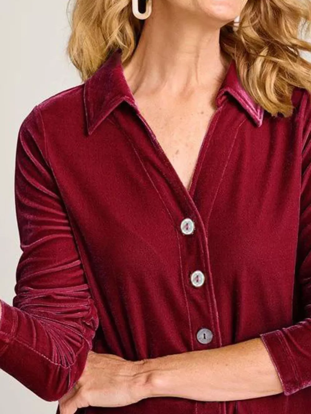 Velvet Button-Down Long Sleeve Shirt with Asymmetrical Hemline, image 6