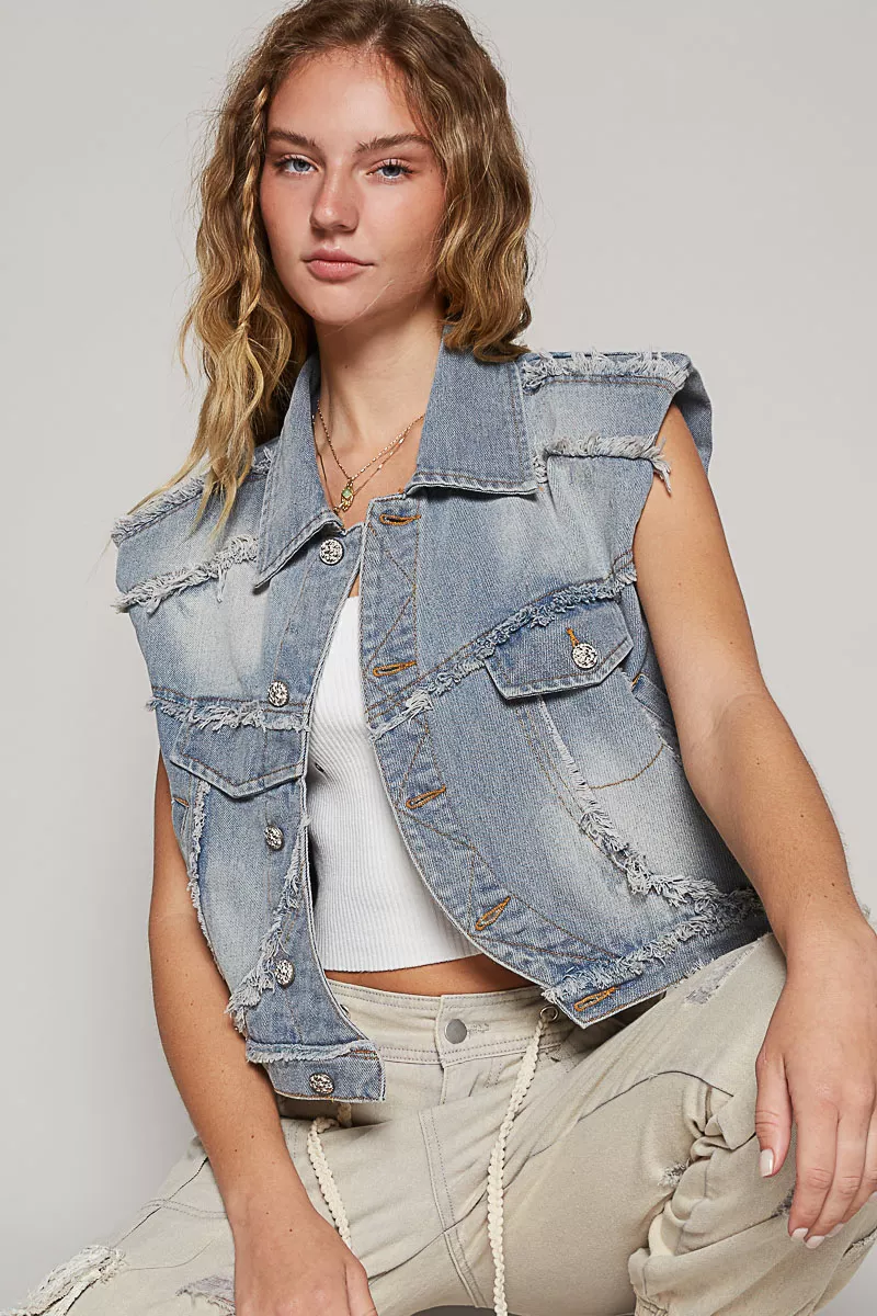 Assymetrical Front Closure Raw Hem Denim Vest, image 4