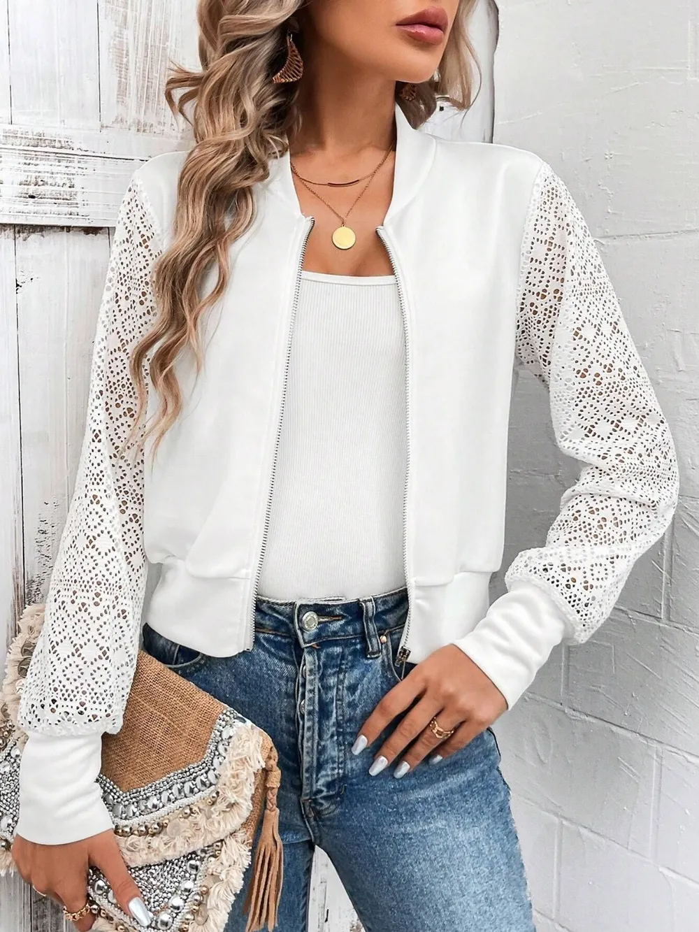 Baseball Collar Lace Patchwork Long Sleeve Jacket, image 2