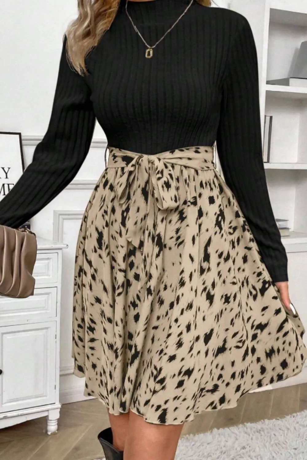 Printed Tie Waist Mock Neck Long Sleeve Dress, image 4