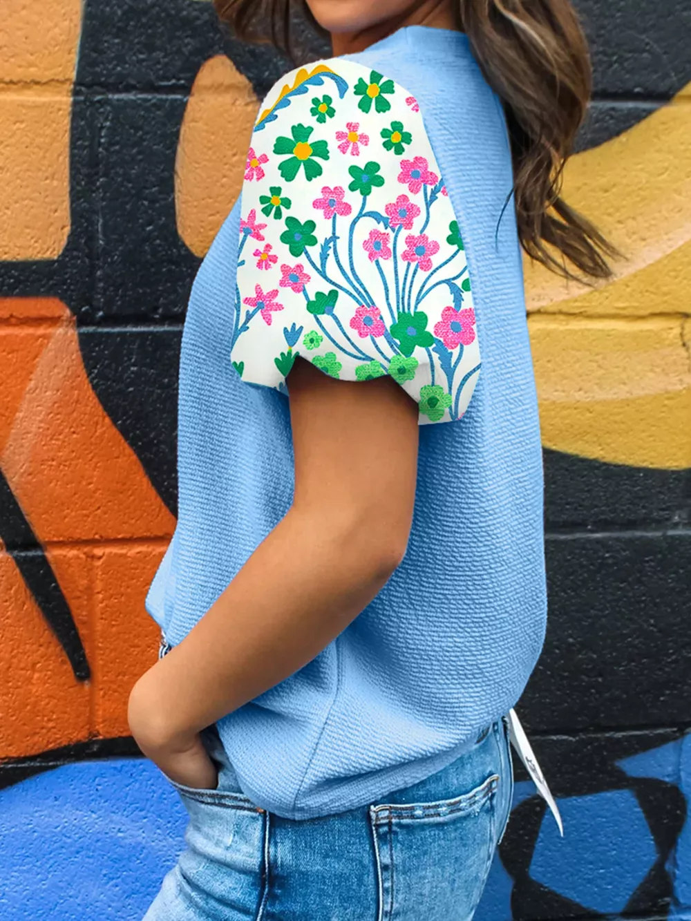 Round Neck Textured Contrast Floral Bubble Sleeve Blouse, image 4