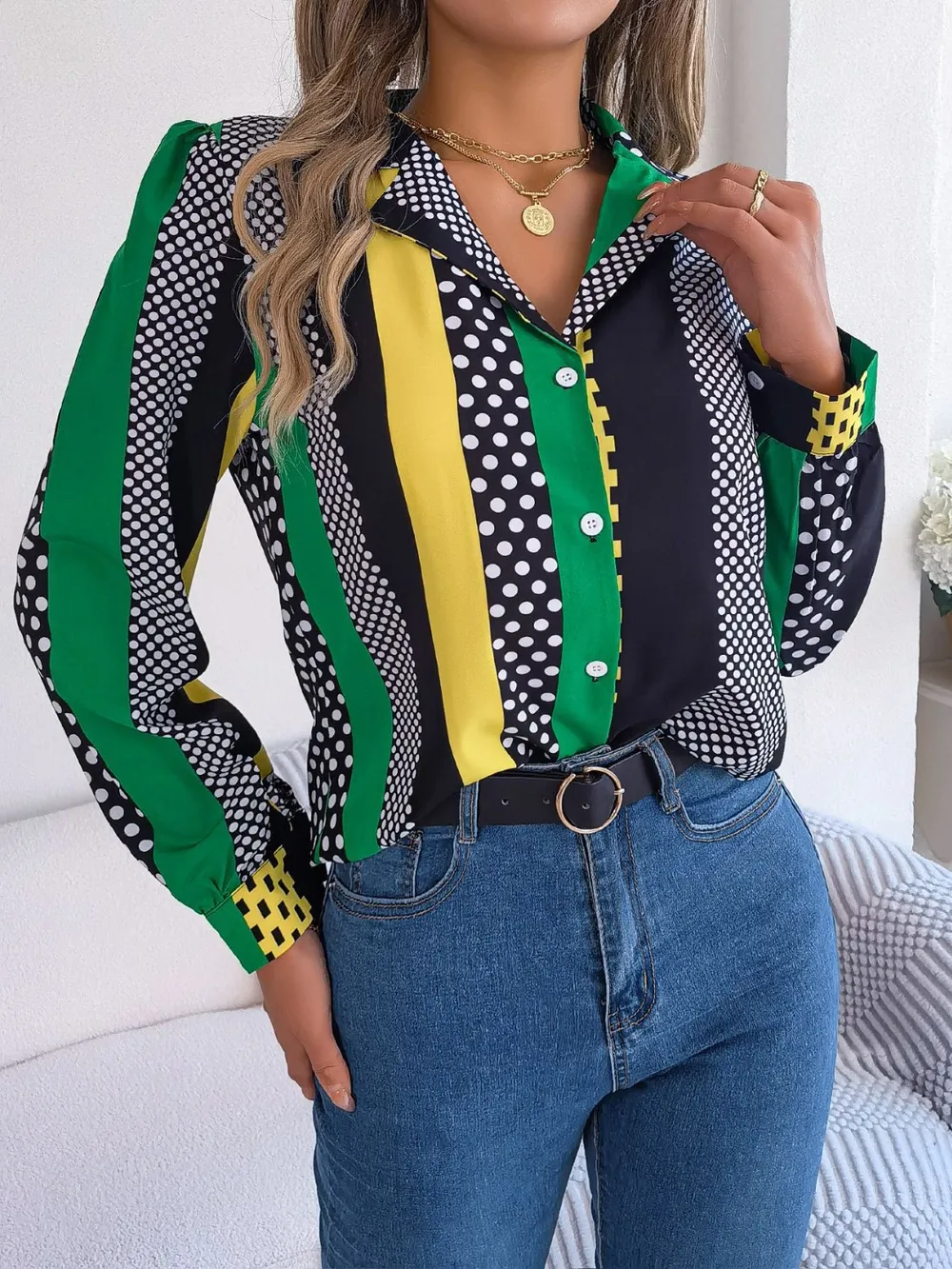 Polka Dot Contrast Long Sleeve Shirt, image 10