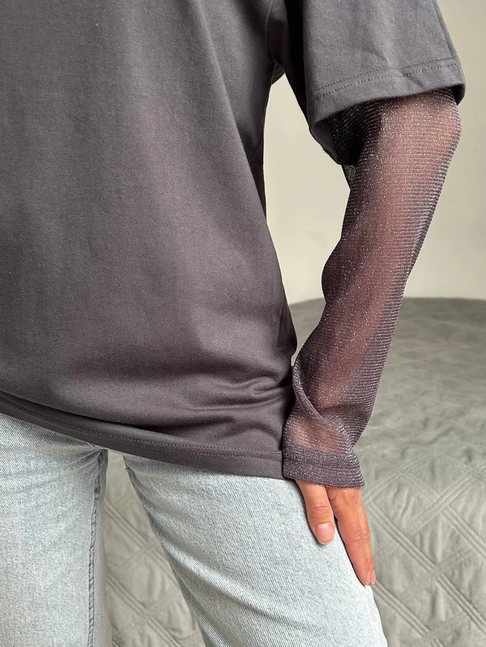 Faux Layered Round Neck Mesh Sleeve Top, image 3