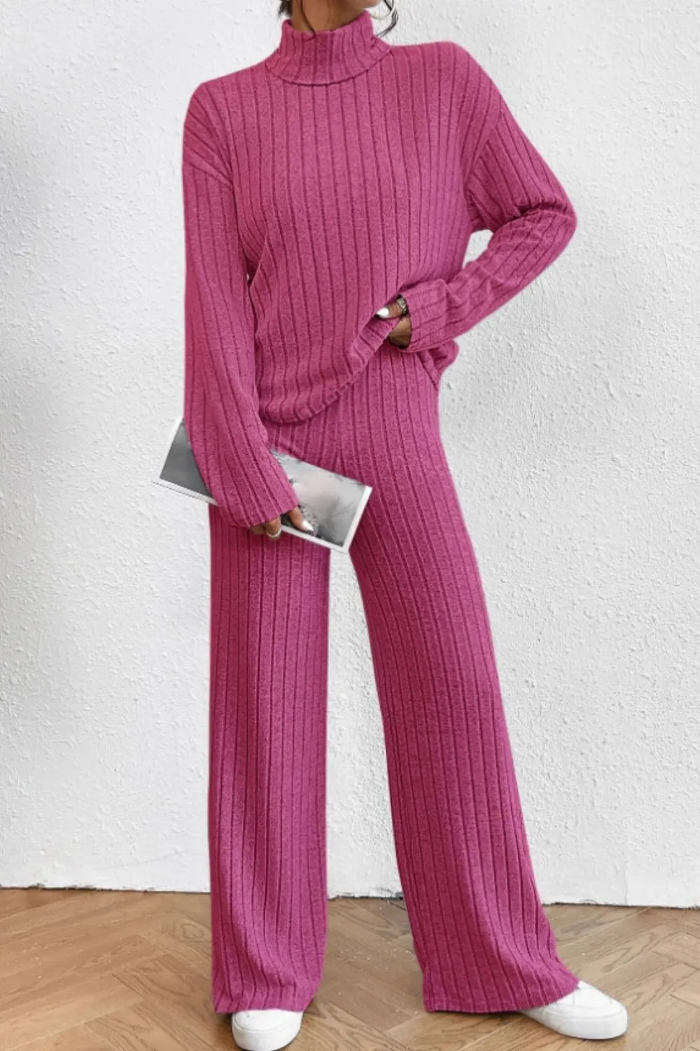 Mock Neck Dropped Shoulder Top and Pants Set, image 8