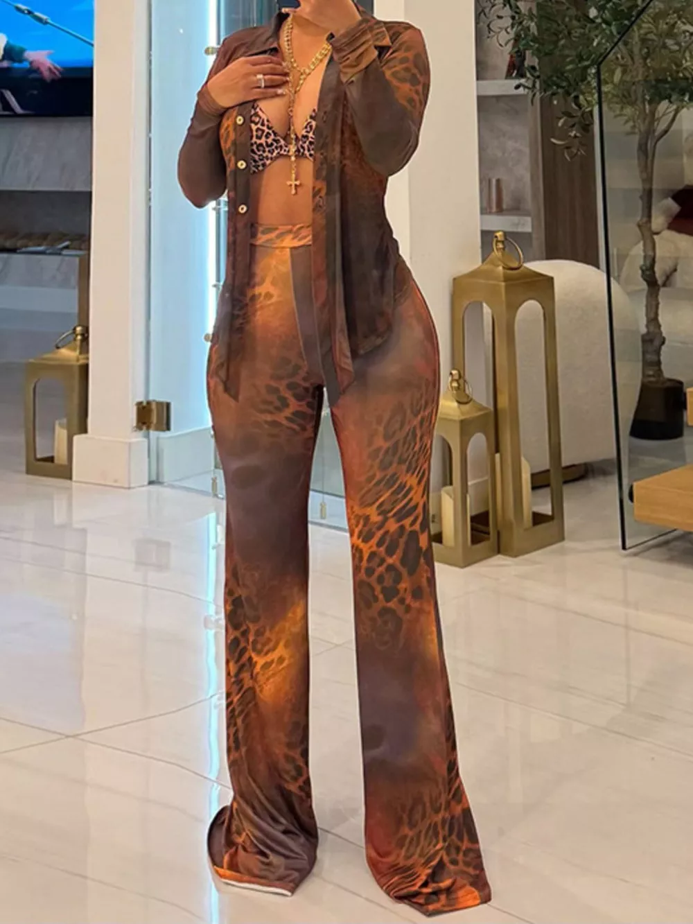 Printed Mesh Shirt and Pants Set, image 5