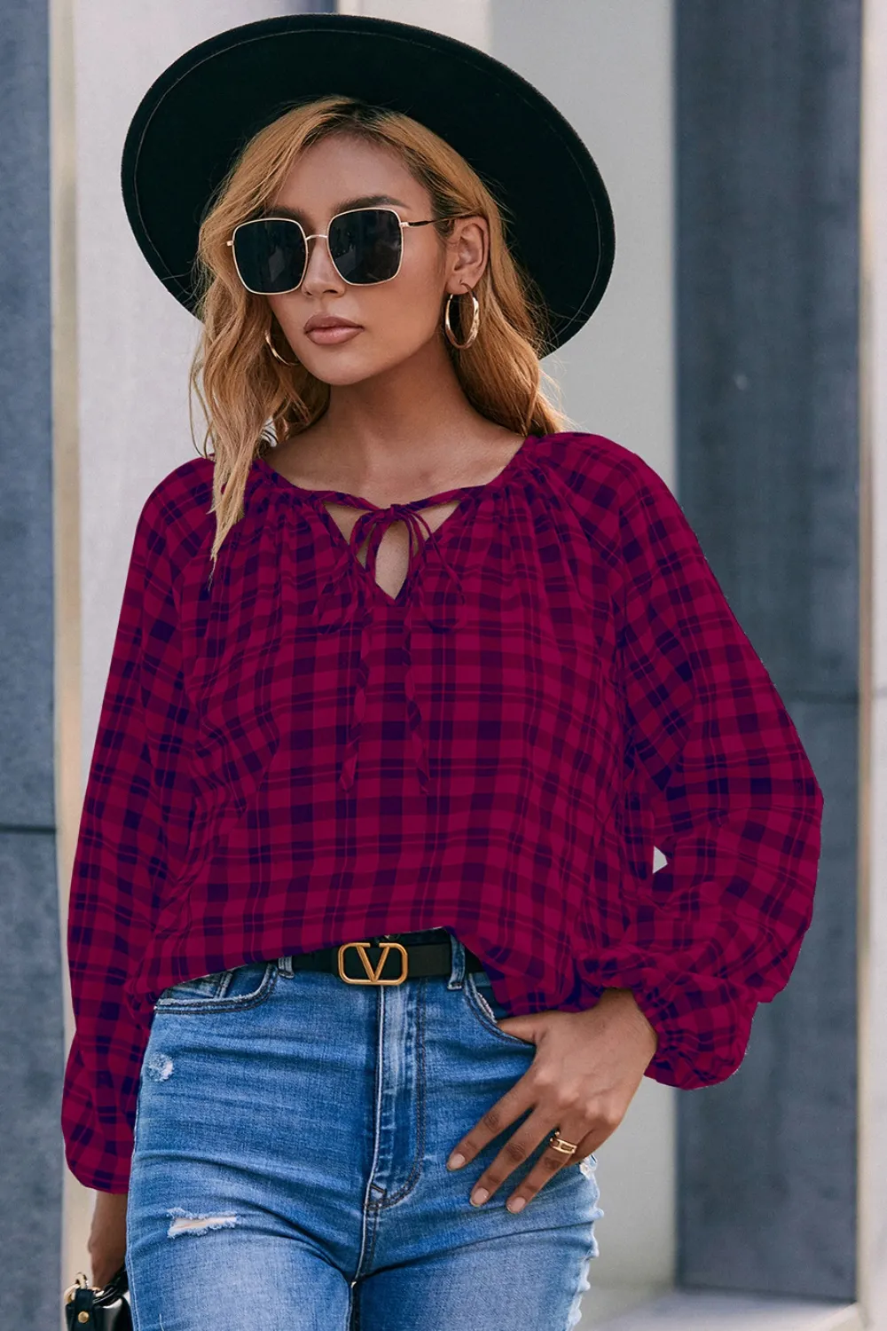 Plaid Tie Neck Balloon Sleeve Blouse, image 8