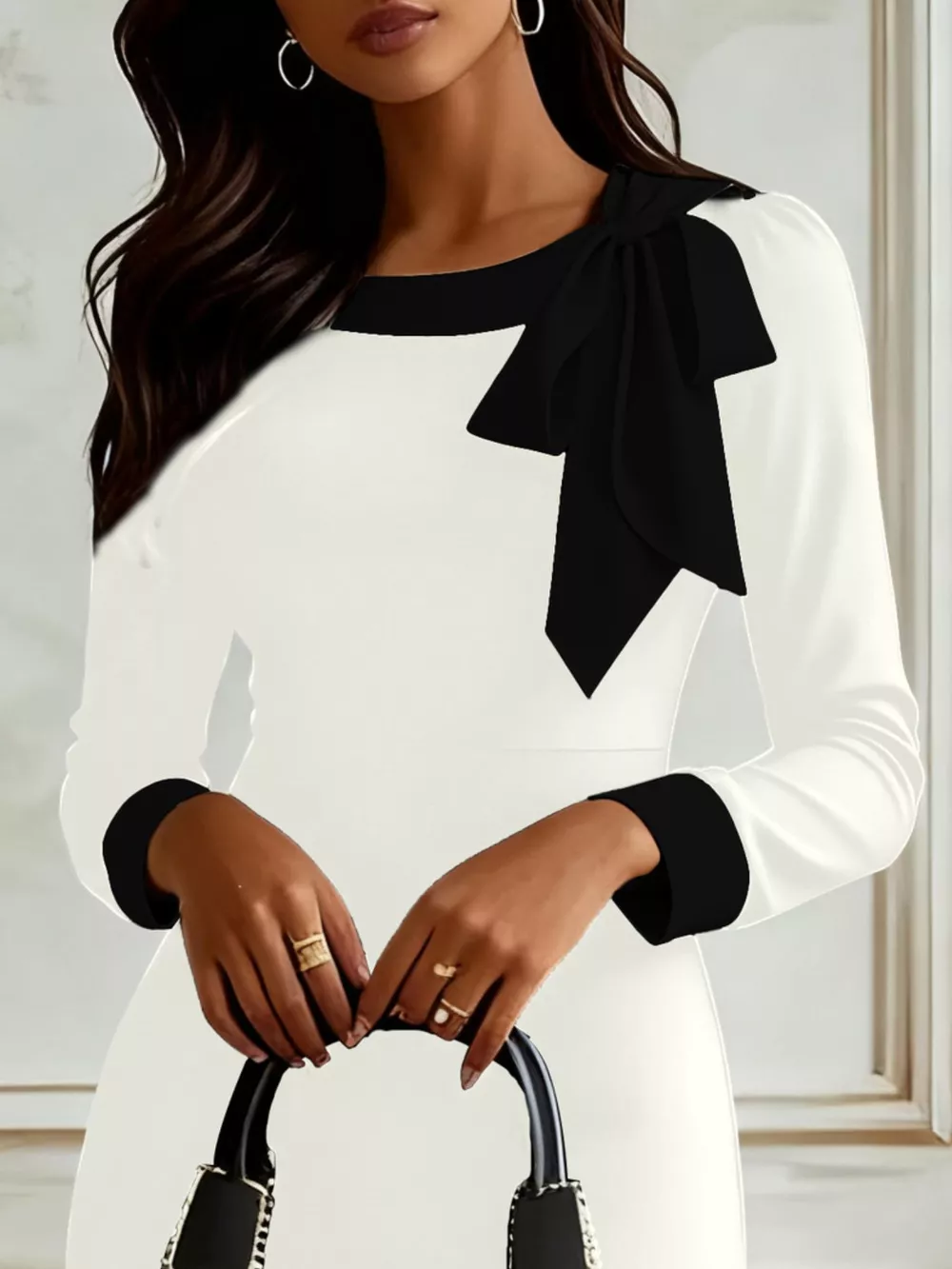 Bowknot Contrast Trim Long Sleeve Dress, image 2