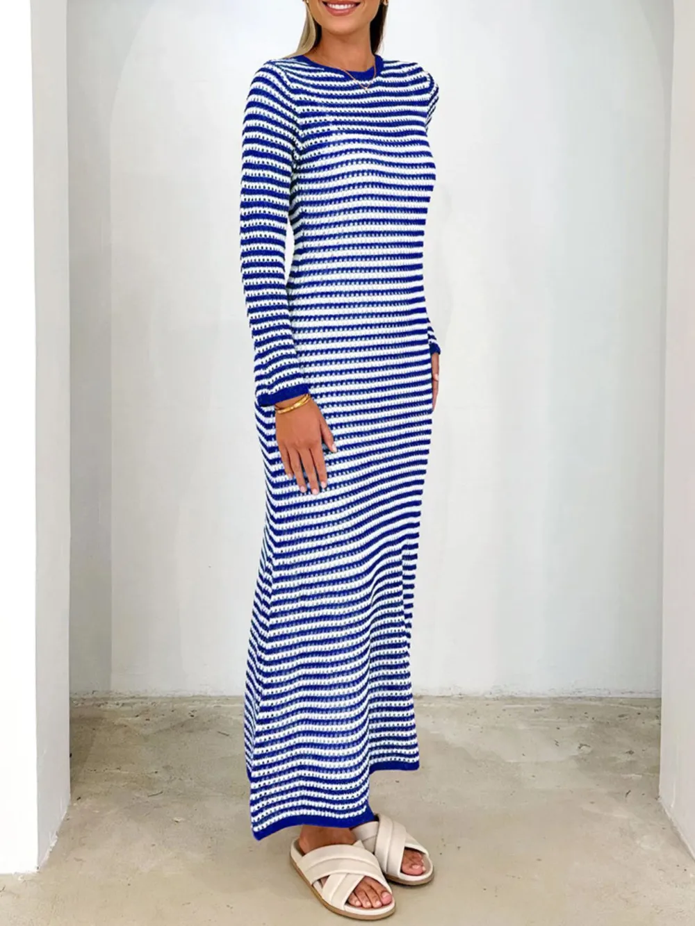 Tied Round Neck Striped Sweater Dress, image 9