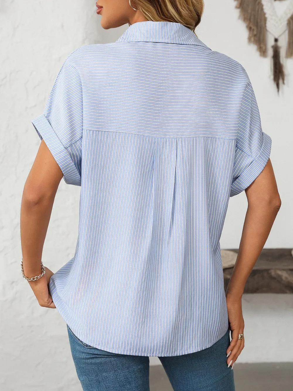 Pocketed Striped Collared Neck Short Sleeve Shirt, image 3