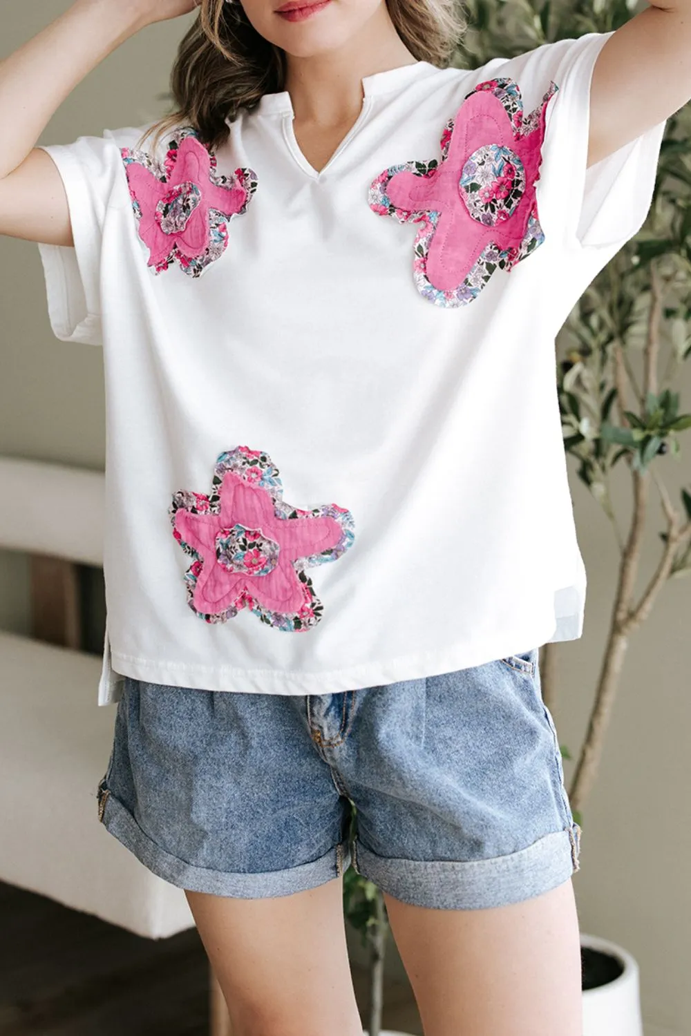 Floral Applique Notched Dolman Sleeve Top, image 3