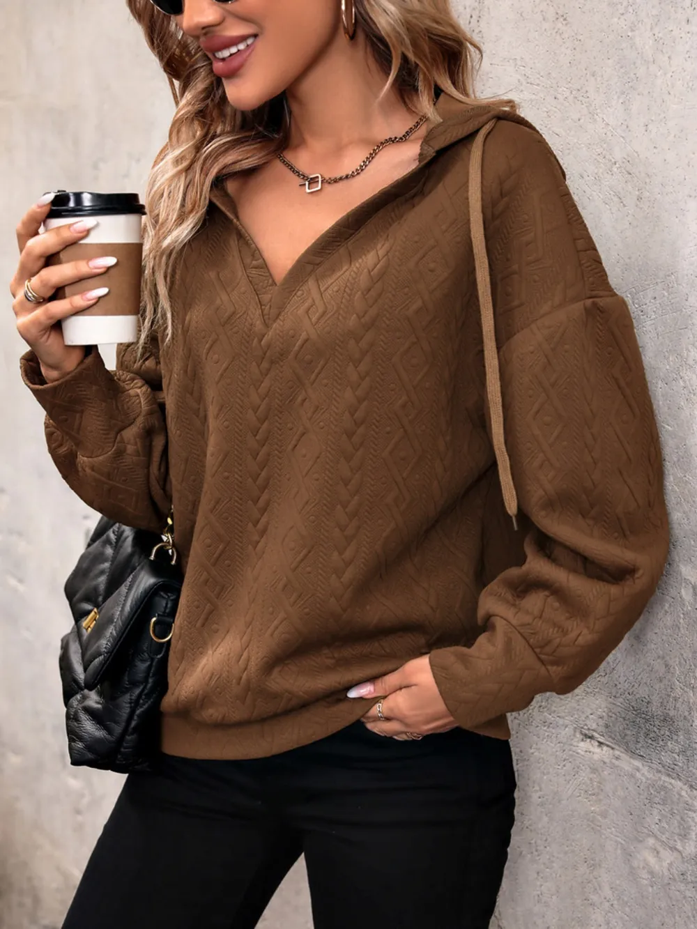 Drawstring Dropped Shoulder Long Sleeve Hoodie, image 4
