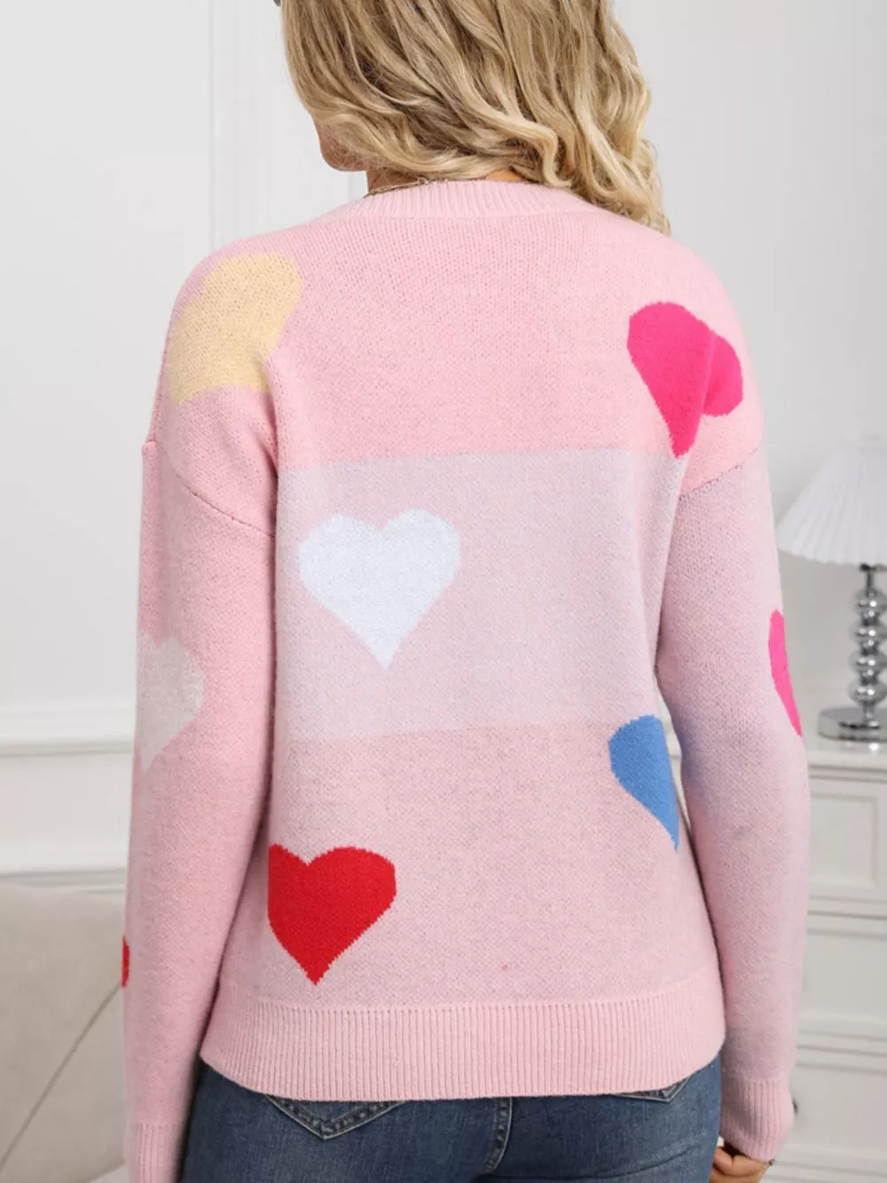 Valentine's Day Heart Round Neck Dropped Shoulder Sweater, image 7
