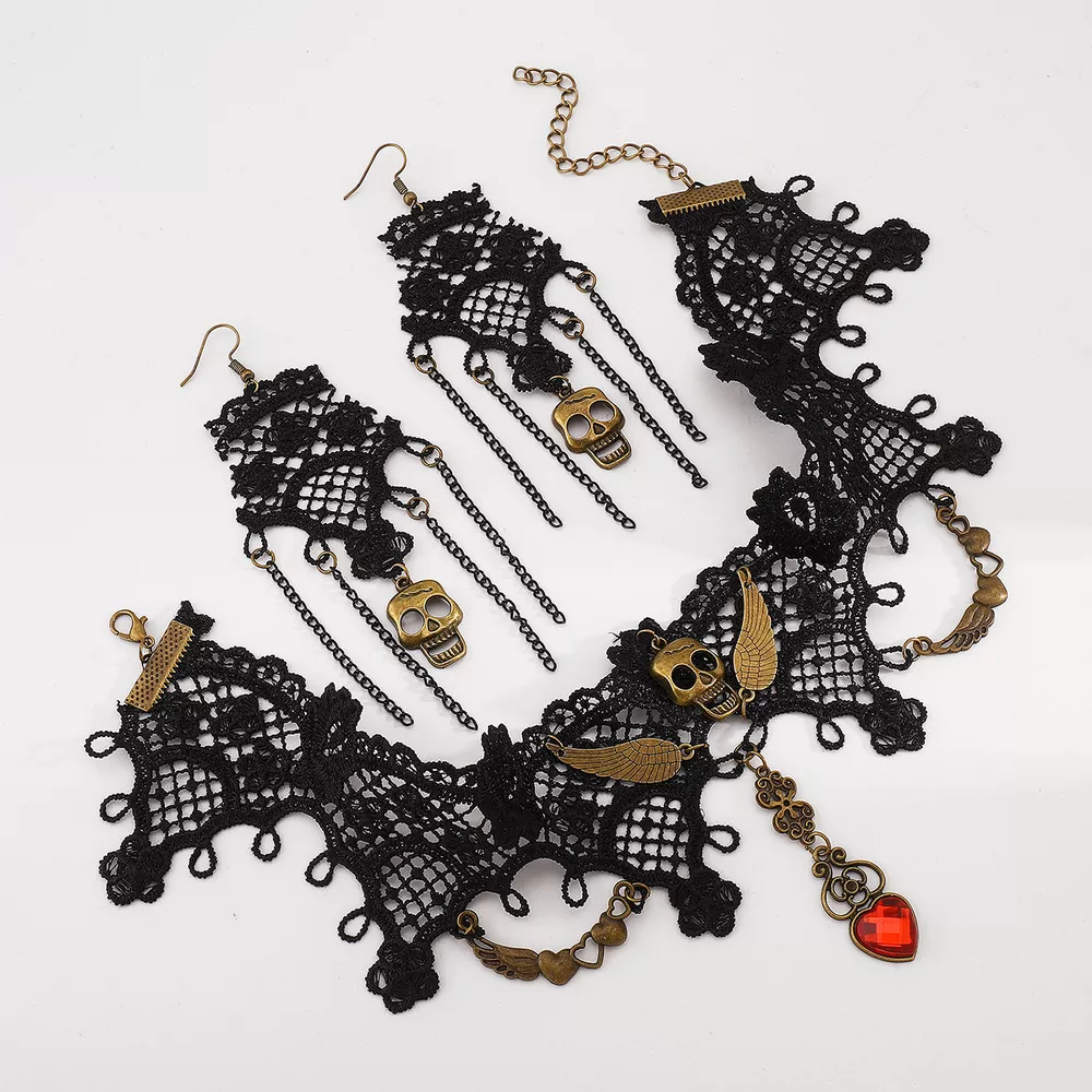 Halloween Lace Skull Necklace and Earrings Jewelry Set, image 6