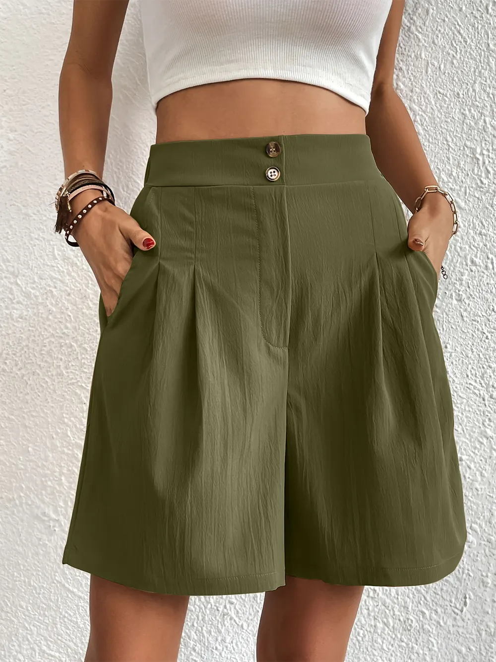 Pocketed Half Elastic Waist Shorts, image 8