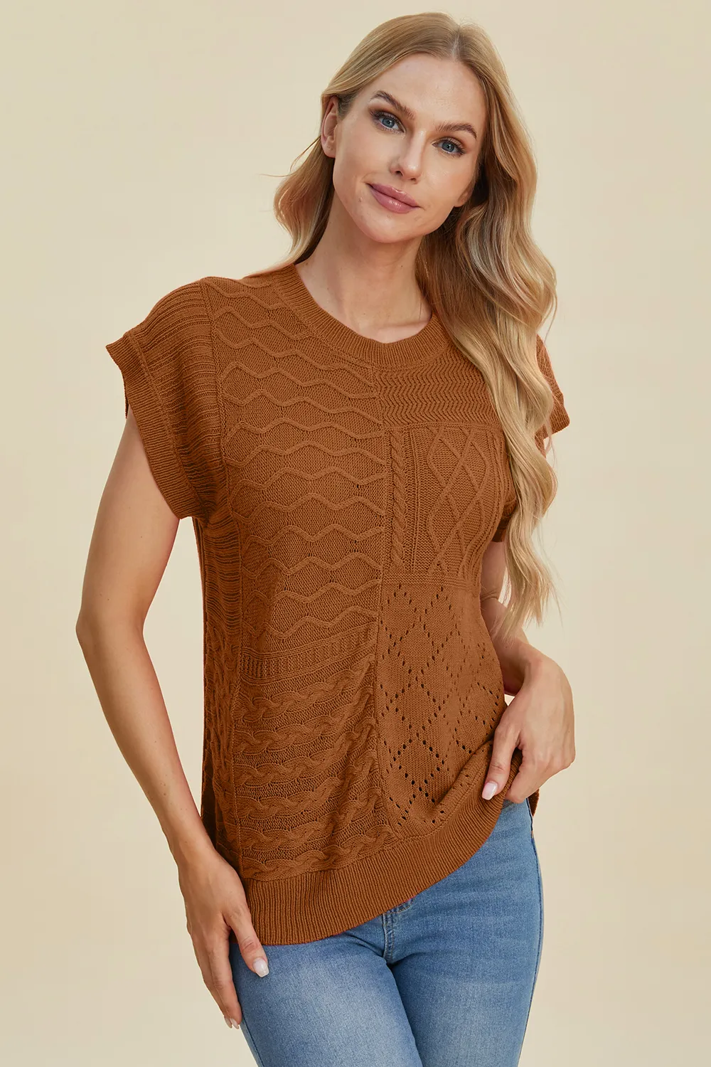 Full Size Cable-Knit Round Neck Cap Sleeve Sweater, image 6