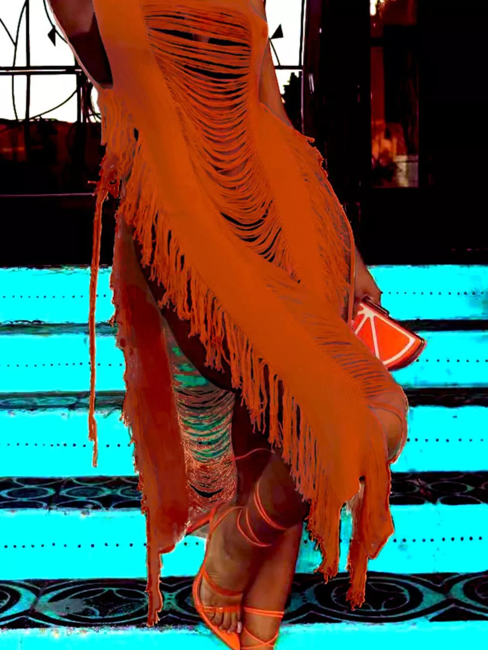 Fringe Split Square Neck Midi Dress, image 9