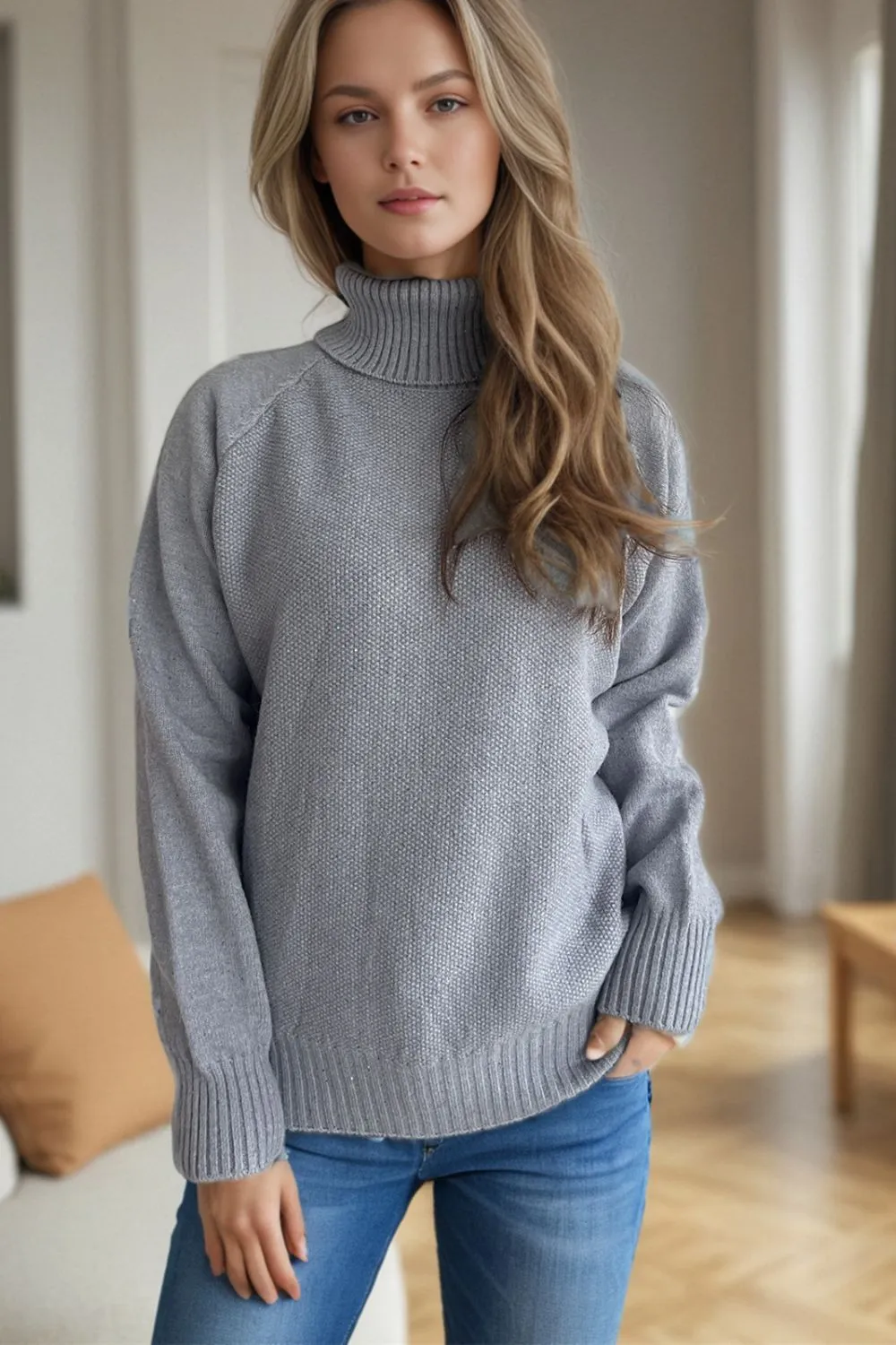 Ribbed Turtleneck Raglan Sleeve Sweater, image 6