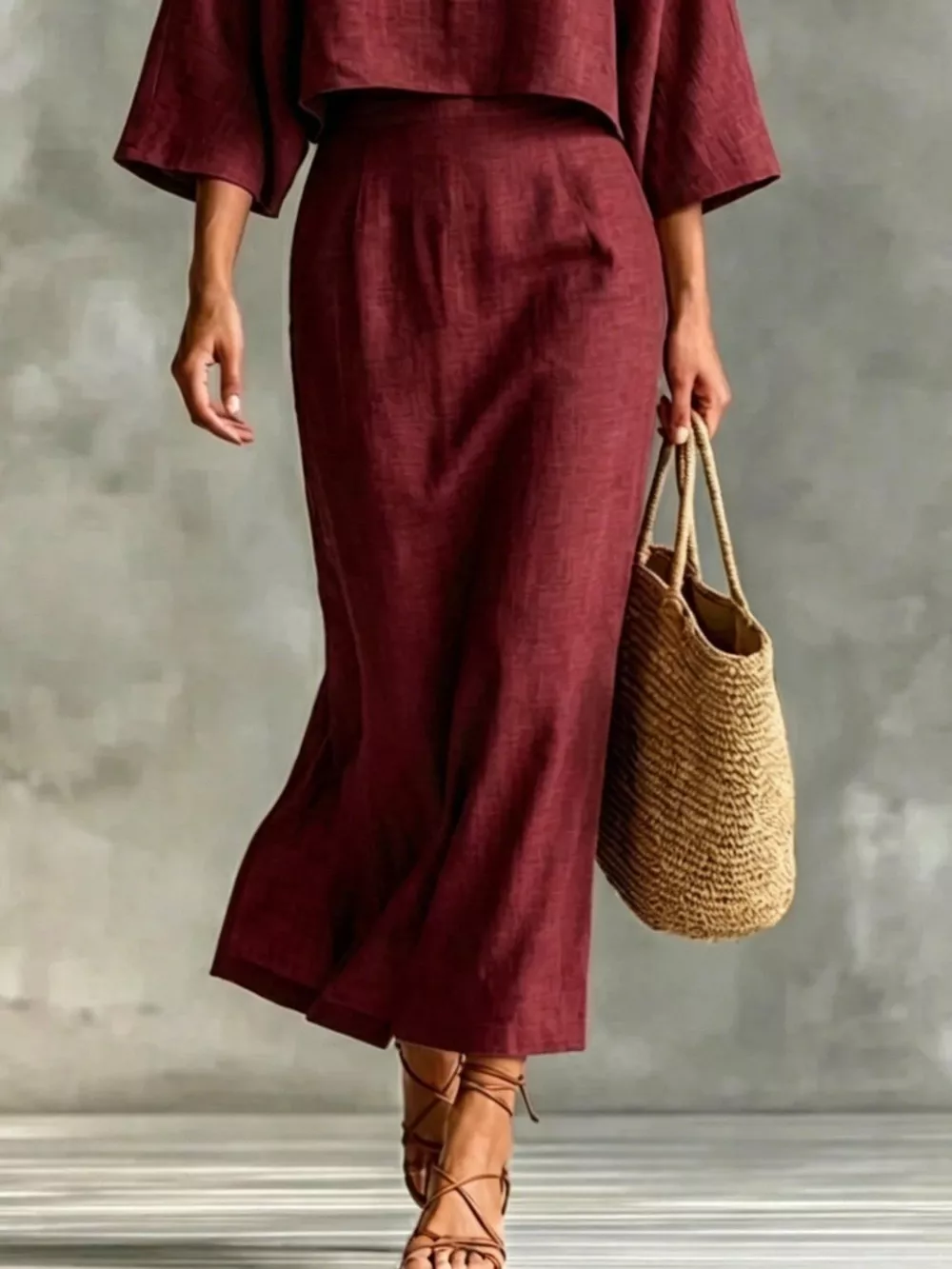 Full Size Solid Color Cropped Top and Midi Skirt Set Plus Size, image 7