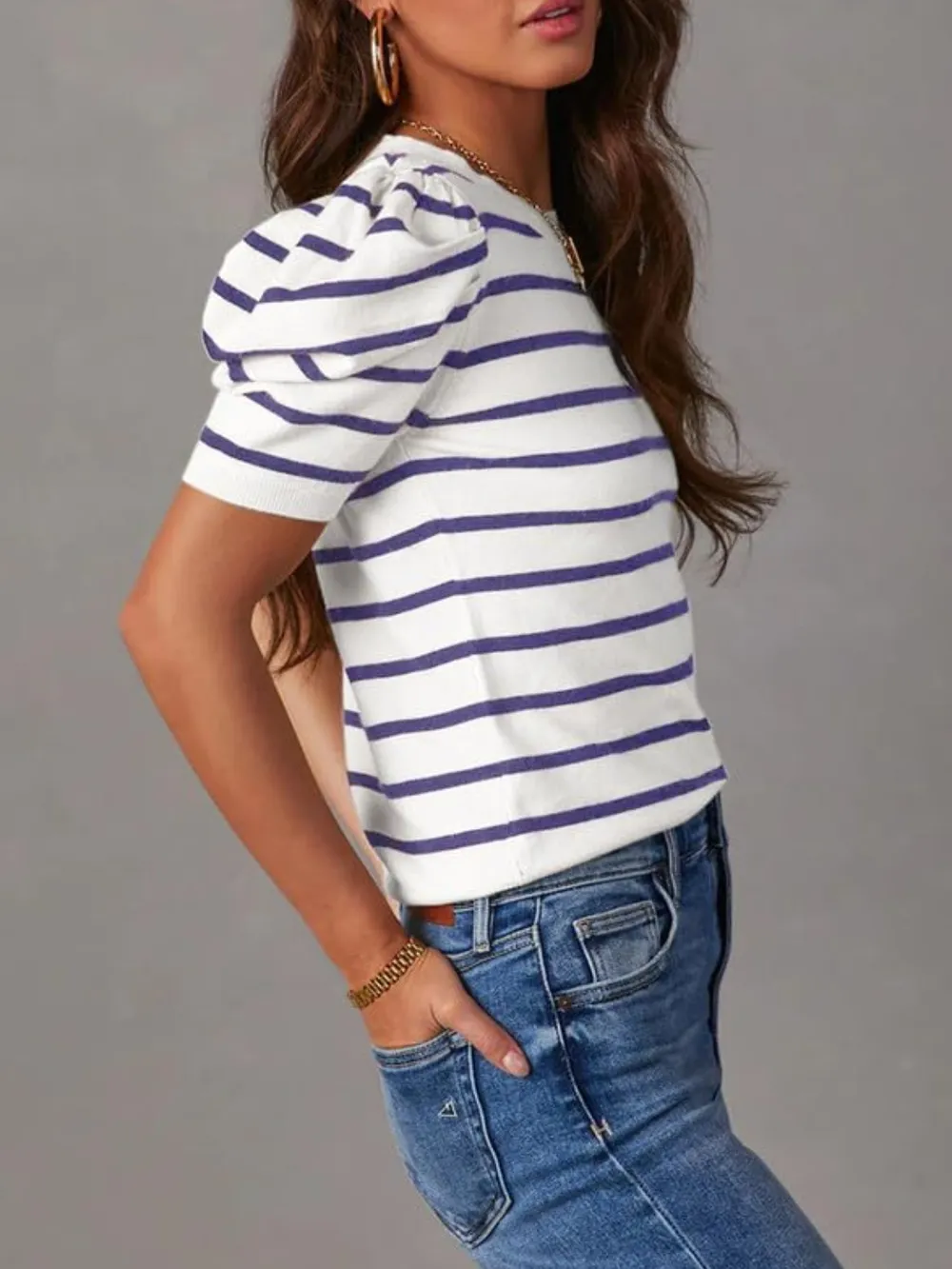 Striped Round Neck Puff Sleeve Knit Top, image 8
